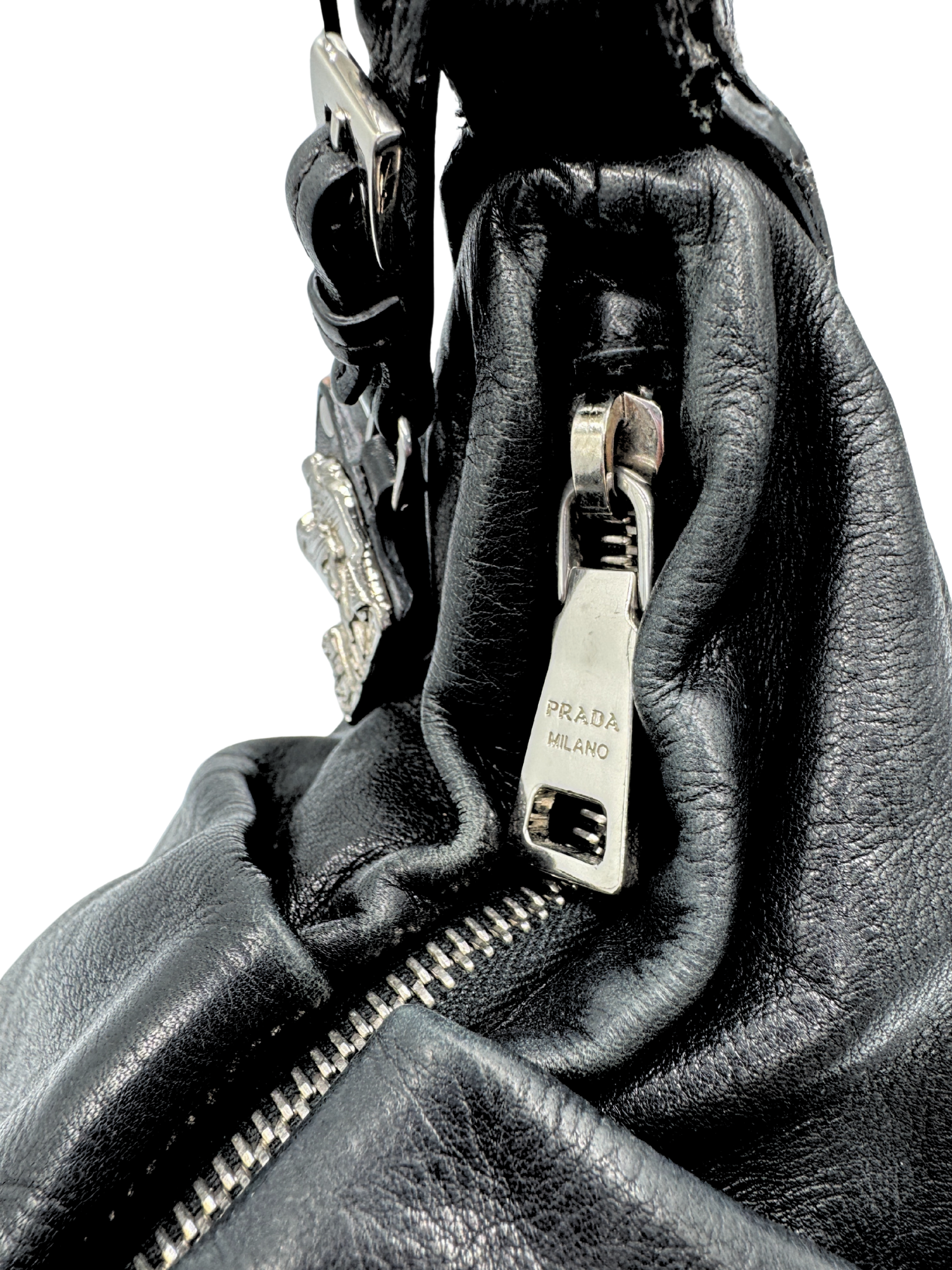 Hobo Shoulder Bag w/ Detachable Bag Charm in Black Aged Leather
