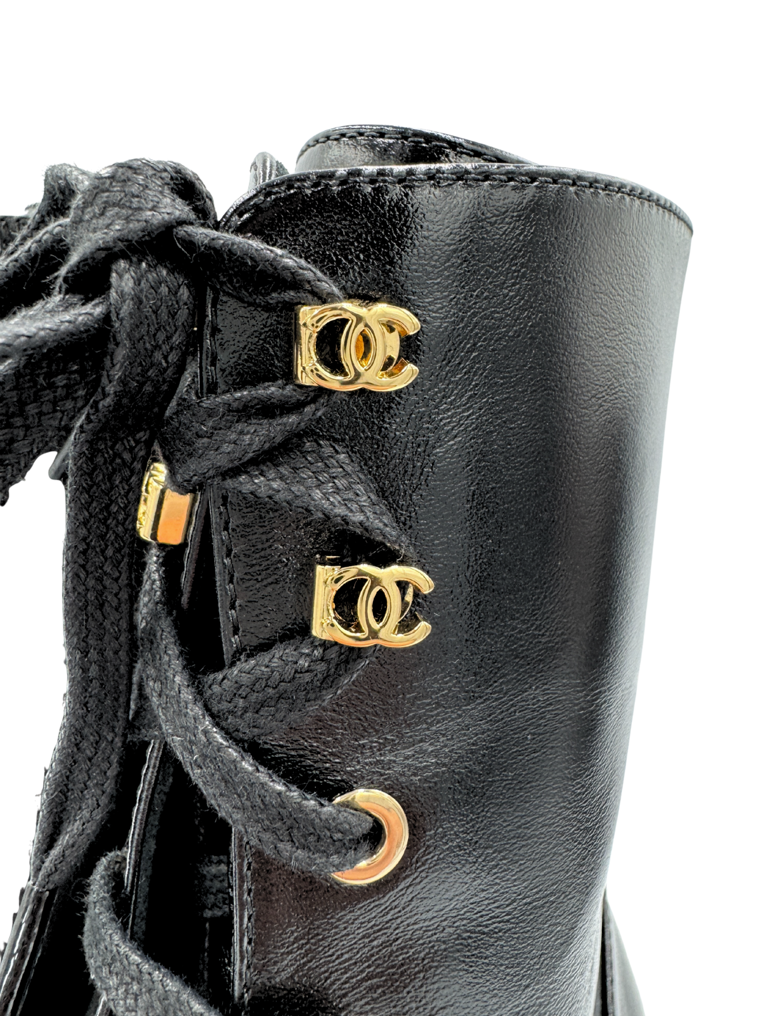 Size 40 2025 CC Combat Boots in Black Lambskin Leather with Patent Leather Accents