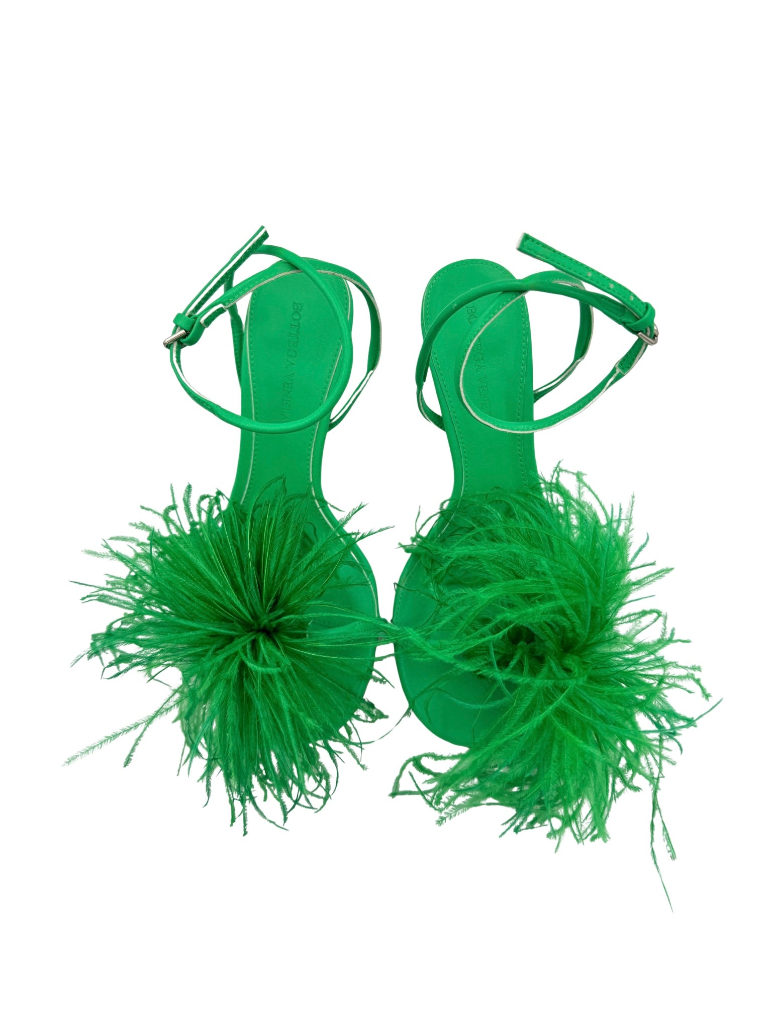 Size 40 Strappy Feather Pom Sandals in Green Smooth Leather