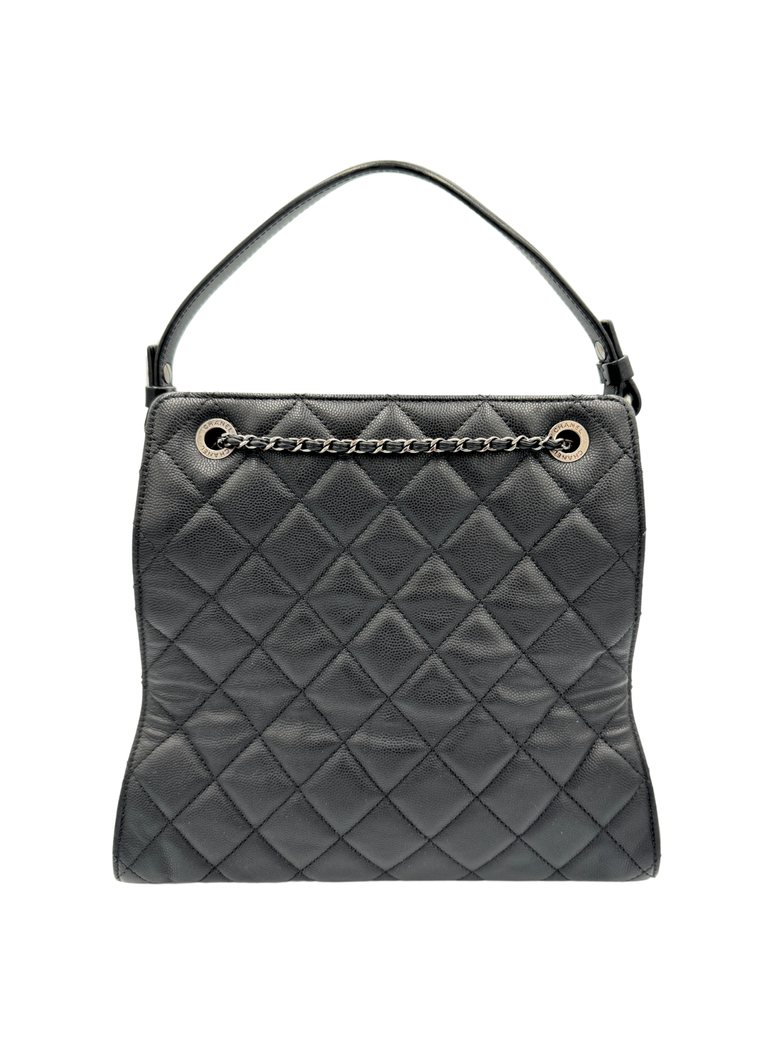 Medium Accordion Top Handle CC Bucket Bag in Black Caviar Leather