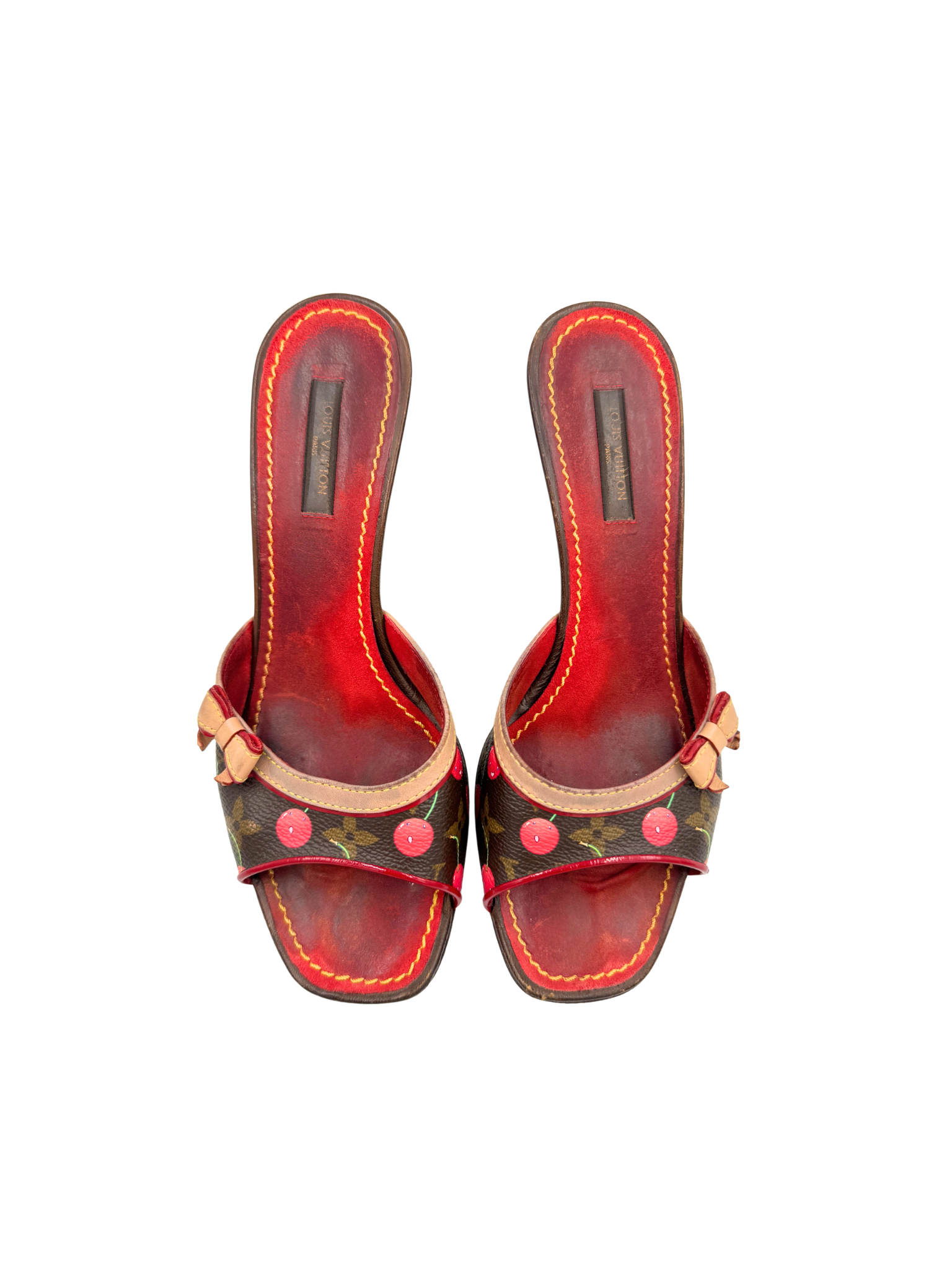 Size 37 Vintage 2005 Limited Edition Takashi Murakami Cerises Cherry Mule Sandals with Bow in Brown and Tan Monogram Coated Canvas
