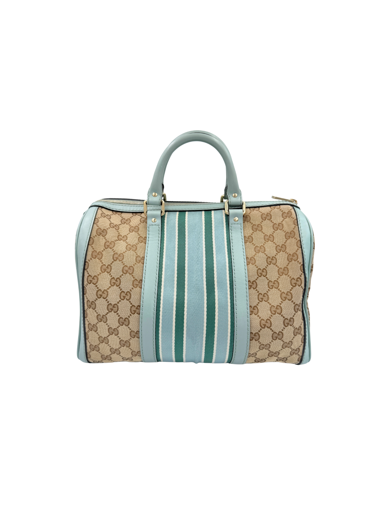 Striped GG Boston Bag with Top Handle in Brown and Tan Monogram GG Supreme Canvas with Blue and Green Accents