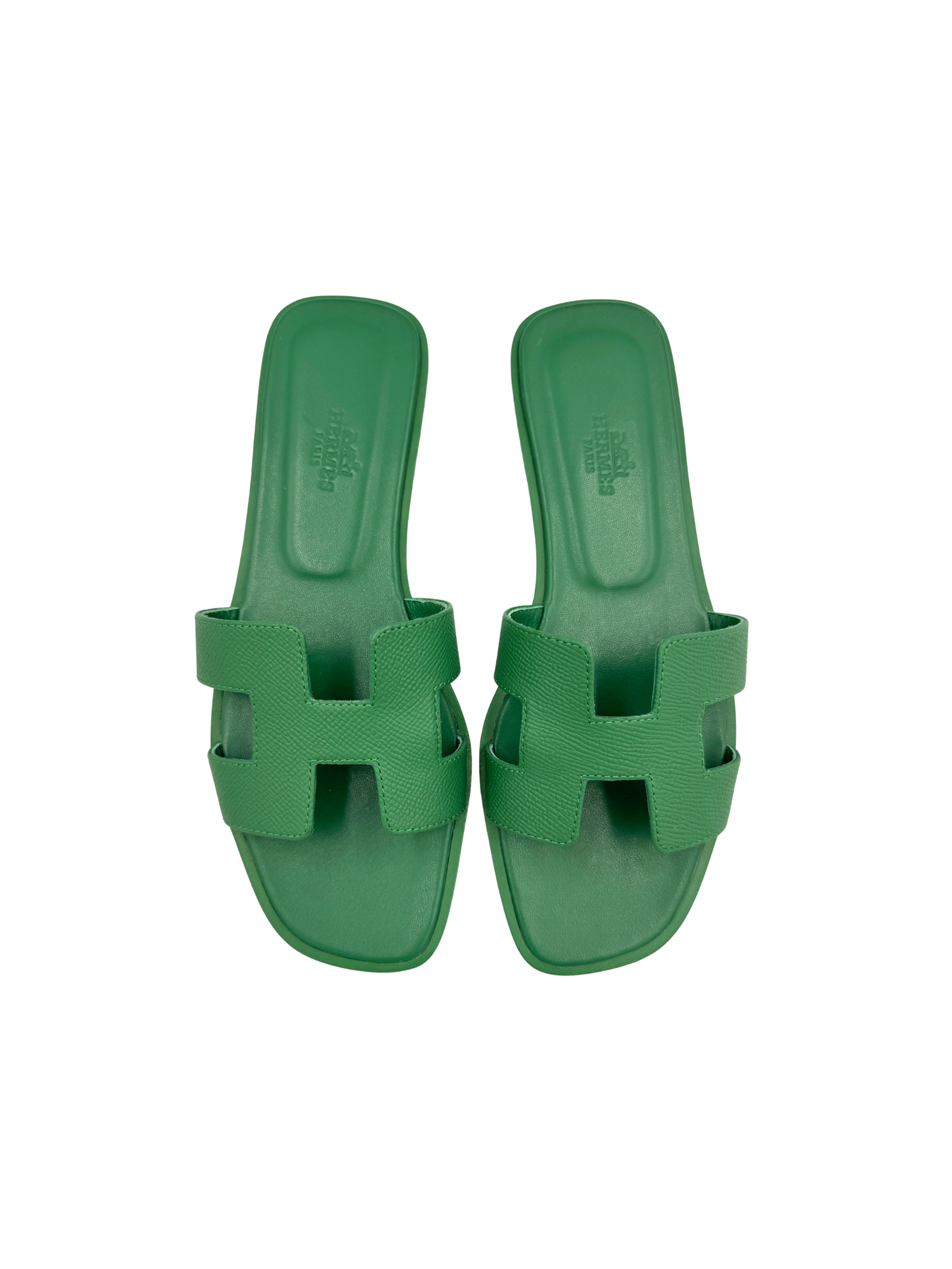 Size 37 Classic Oran Flat Slide Sandals in Vert Vertigo Green Epsom Leather