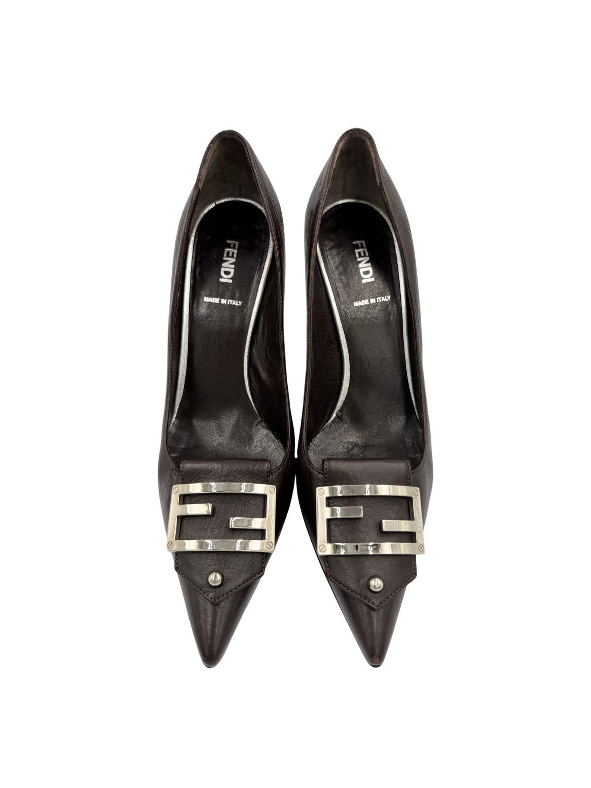 Size 37 Vintage FF Logo Buckle Pointed Toe Pumps in Brown Leather