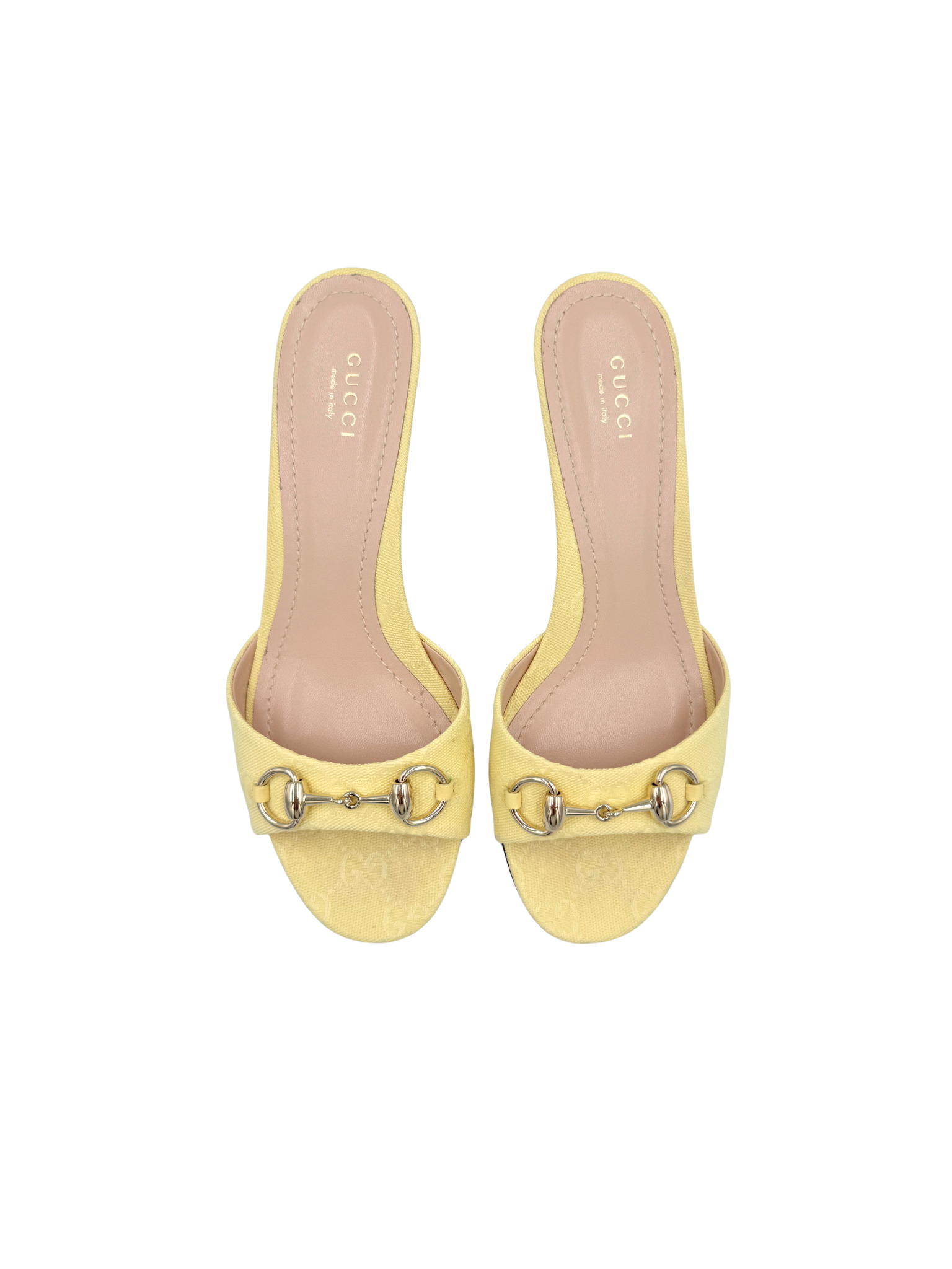 Size 38 Open-Toe Horsebit Mule Sandals in Yellow Monogram GG Supreme Canvas