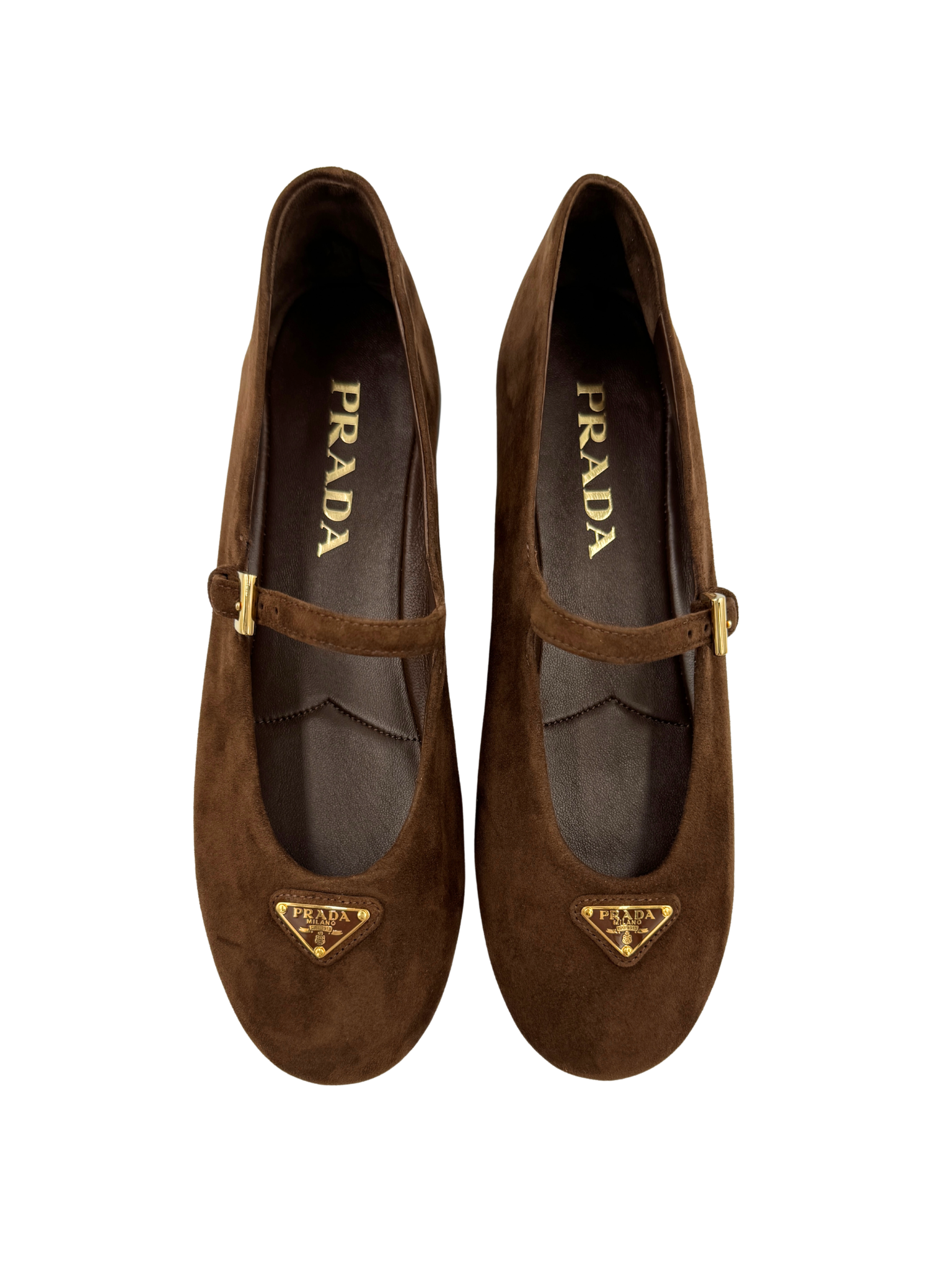 Size 37 Mary Jane Ballet Flats with Triangle Logo Plate in Brown Suede