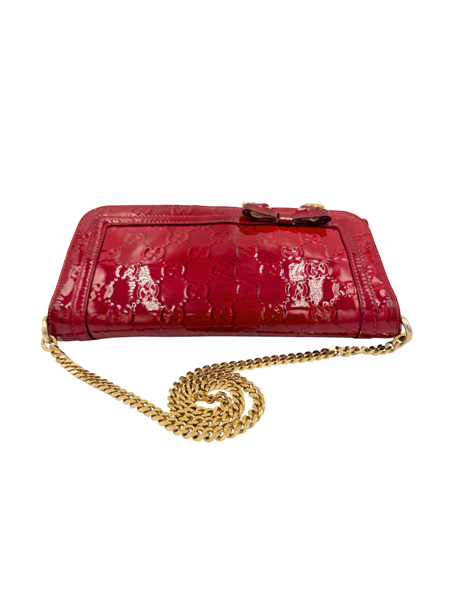 GG Monogram Shoulder Bag Pochette with Heart Accents in Red Patent Leather