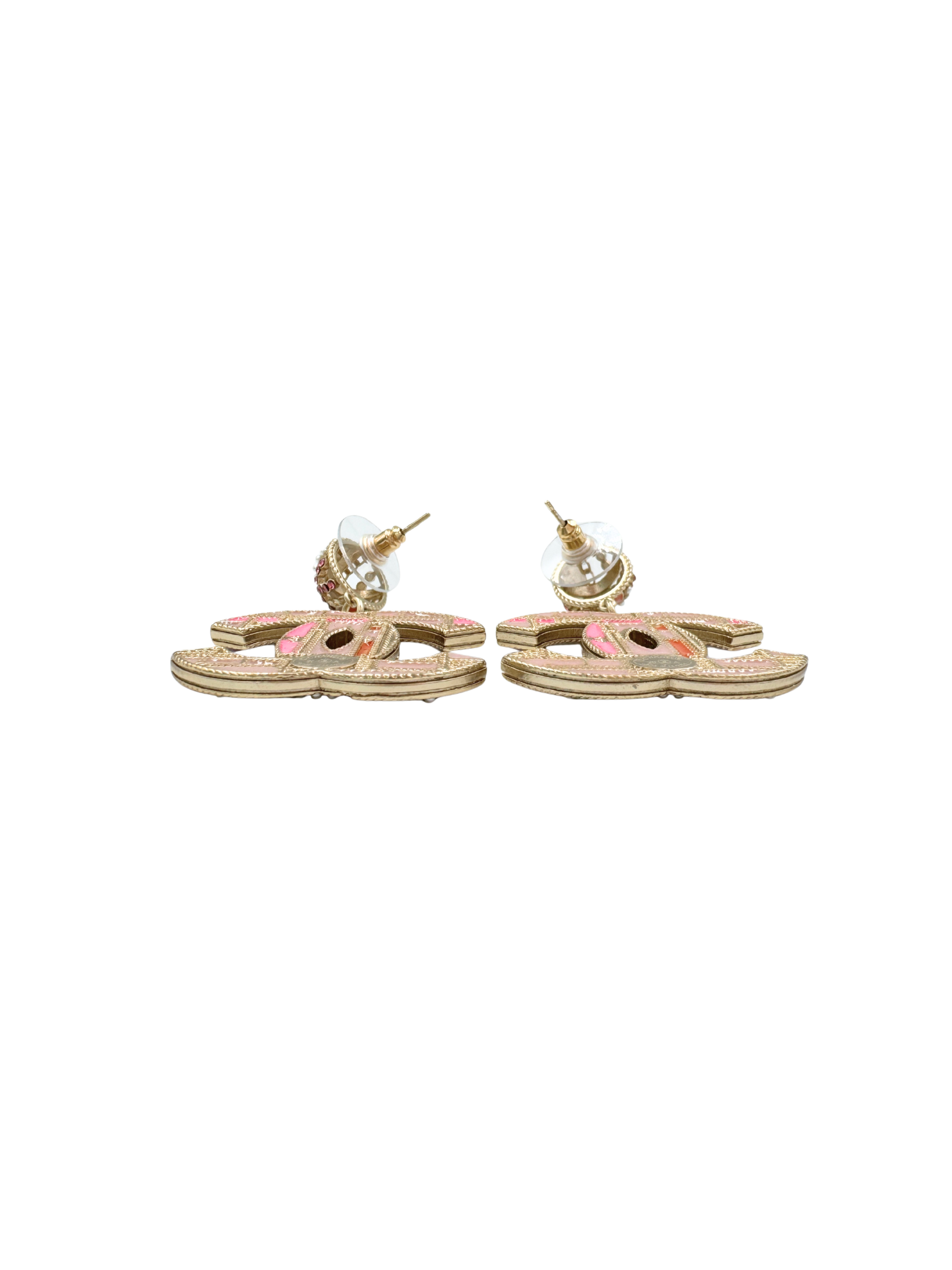 2020 CC Pearl & Crystal-Embellished Drop Earrings in Champagne Gold Hardware with Pink/Orange Enamel