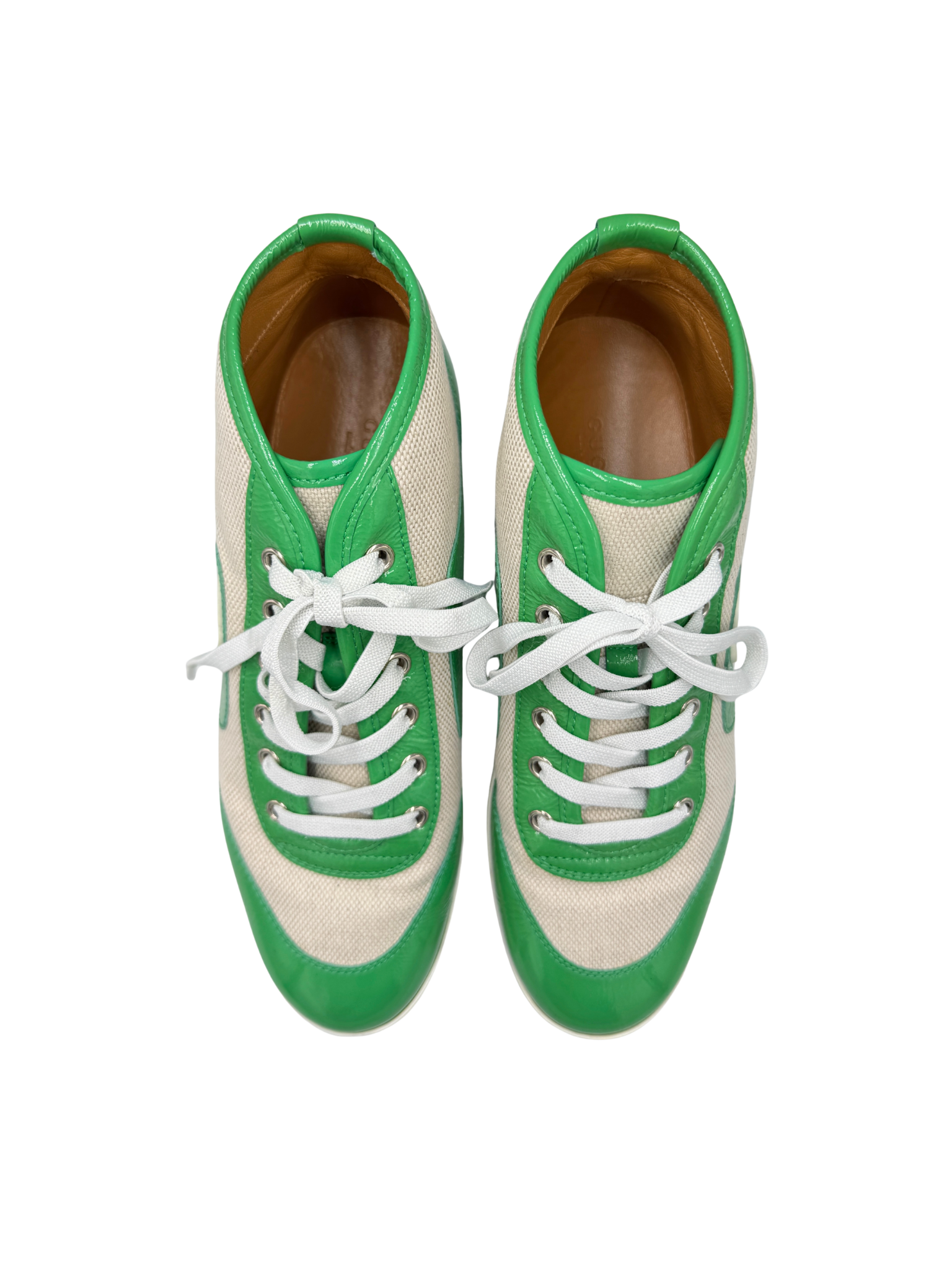 Size 37.5 GG Lace-Up High-Top Sneakers in Ivory Canvas with Green Leather Accents