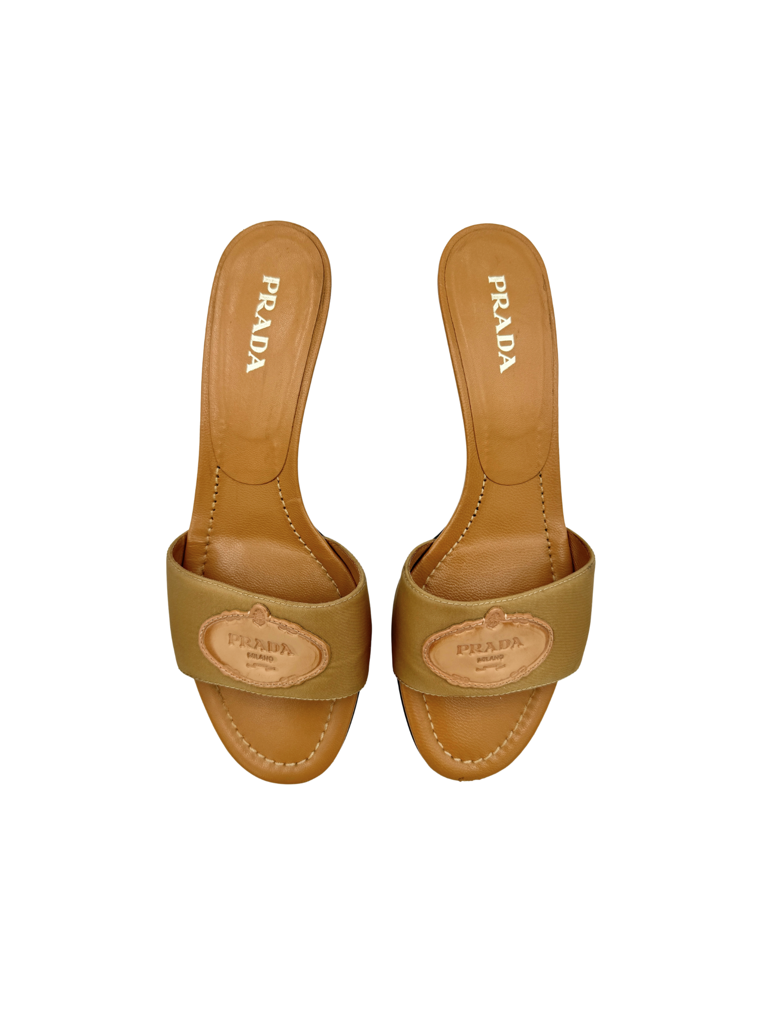 Size 39 Logo Slip-on Mule Kitten Heel Sandals in Tan Leather & Satin