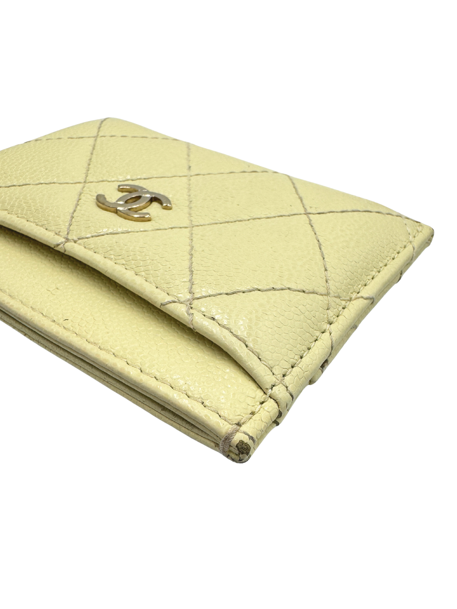 Quilted Classic CC Card Holder Wallet in Light Yellow Caviar Leather