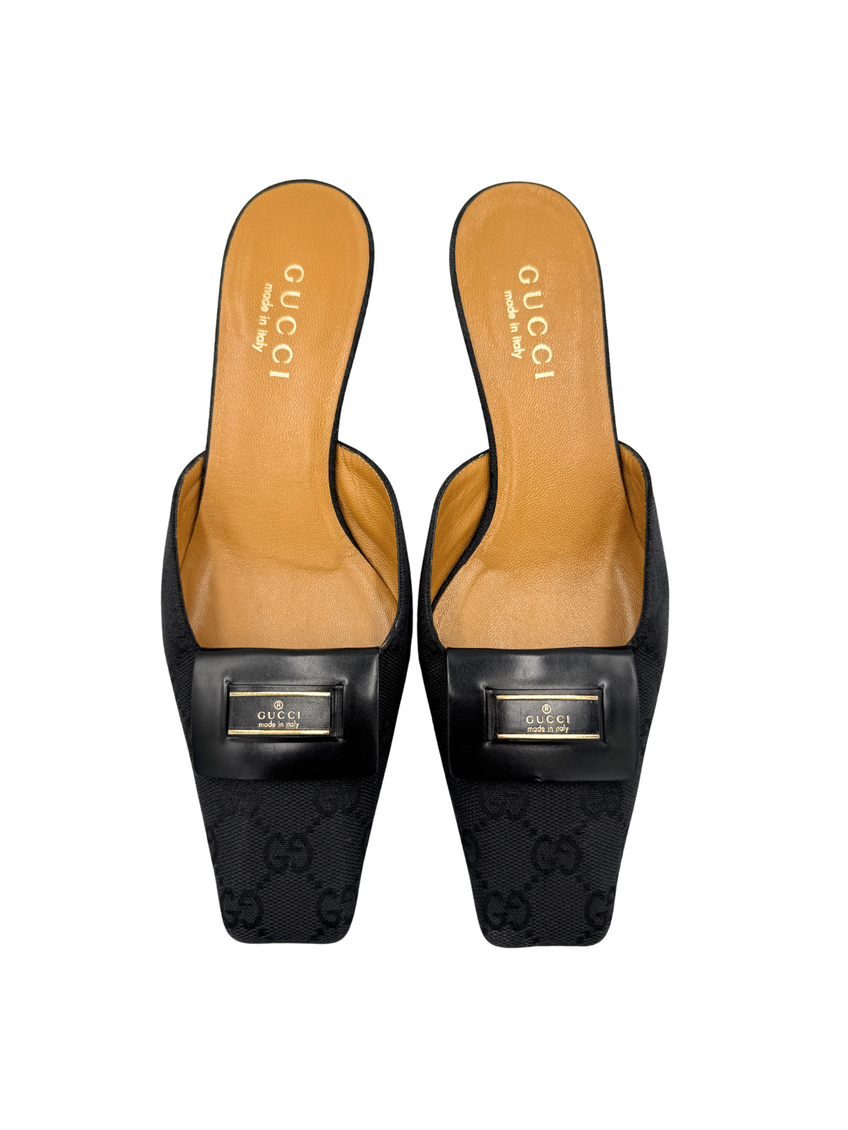 Size 36 Vintage Logo Plate Square Toe Slip-On Mules in Black Monogram GG Supreme Canvas