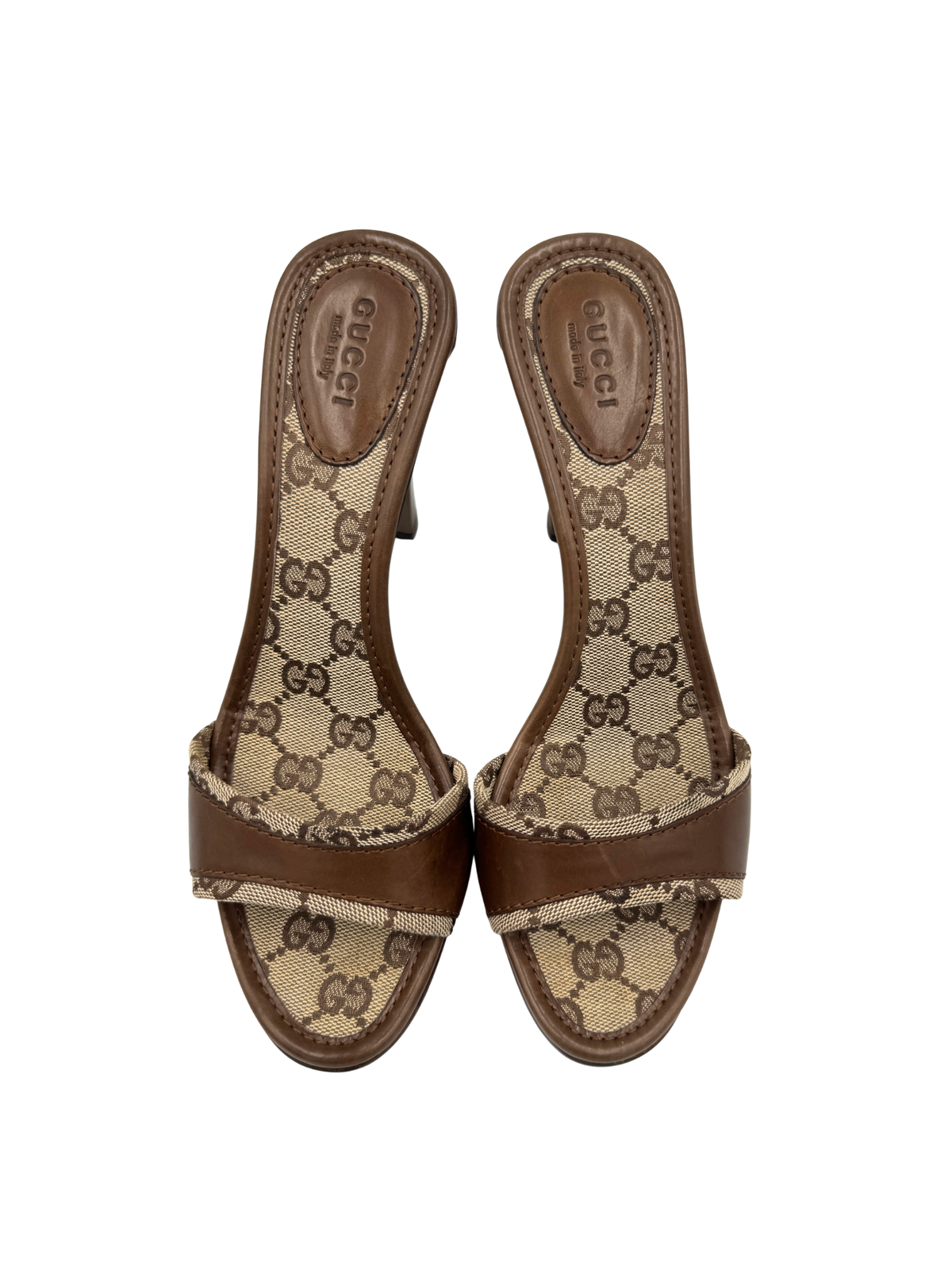 Size 37.5 Logo Mule Sandals in Brown and Tan Monogram GG Supreme Canvas with Leather Trim