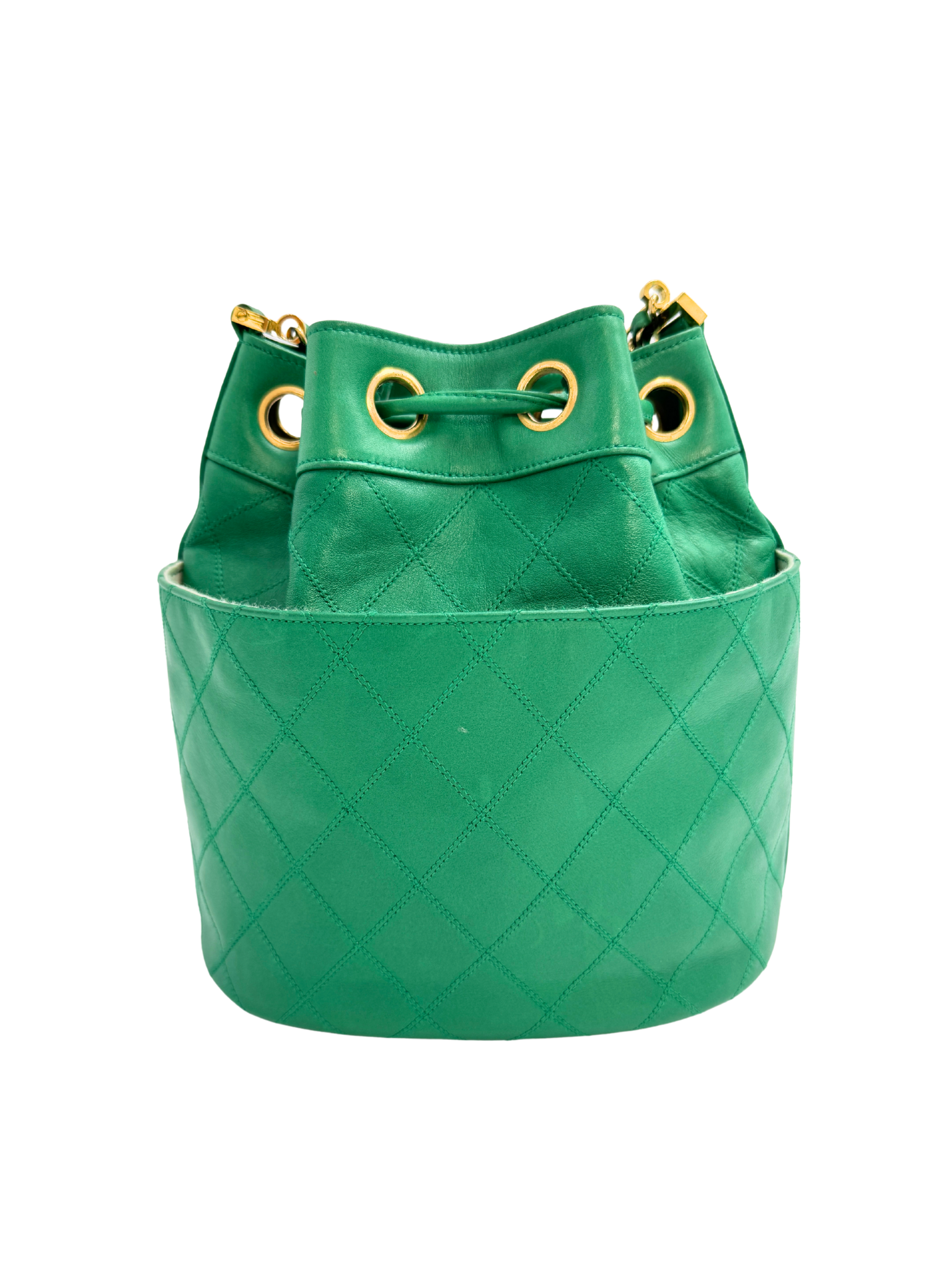 Vintage Quilted Drawstring Bucket Bag with Pouch in Green Lambskin Leather