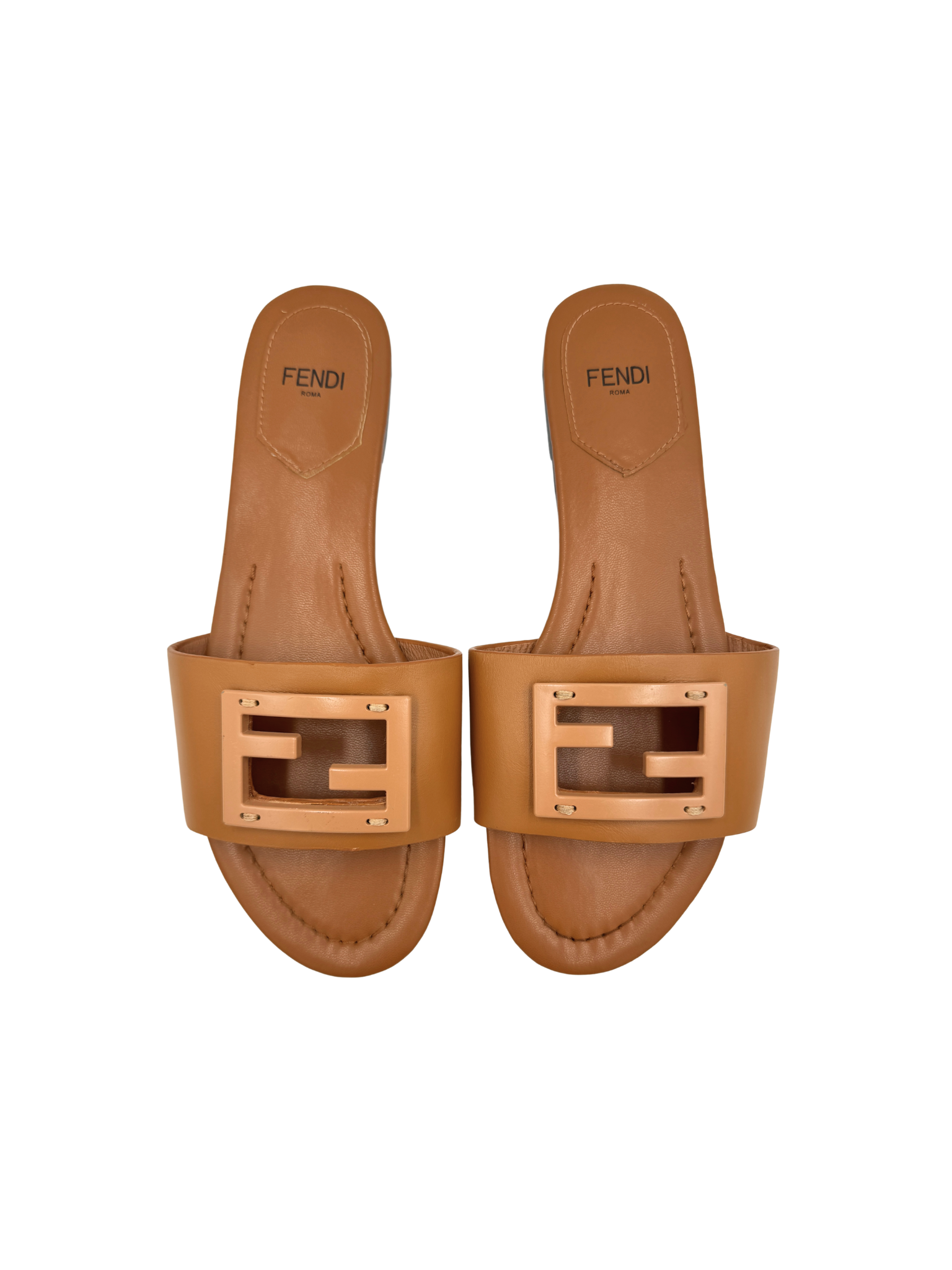 Size 39 FF Baguette Flat Slide Sandals in Brown Leather