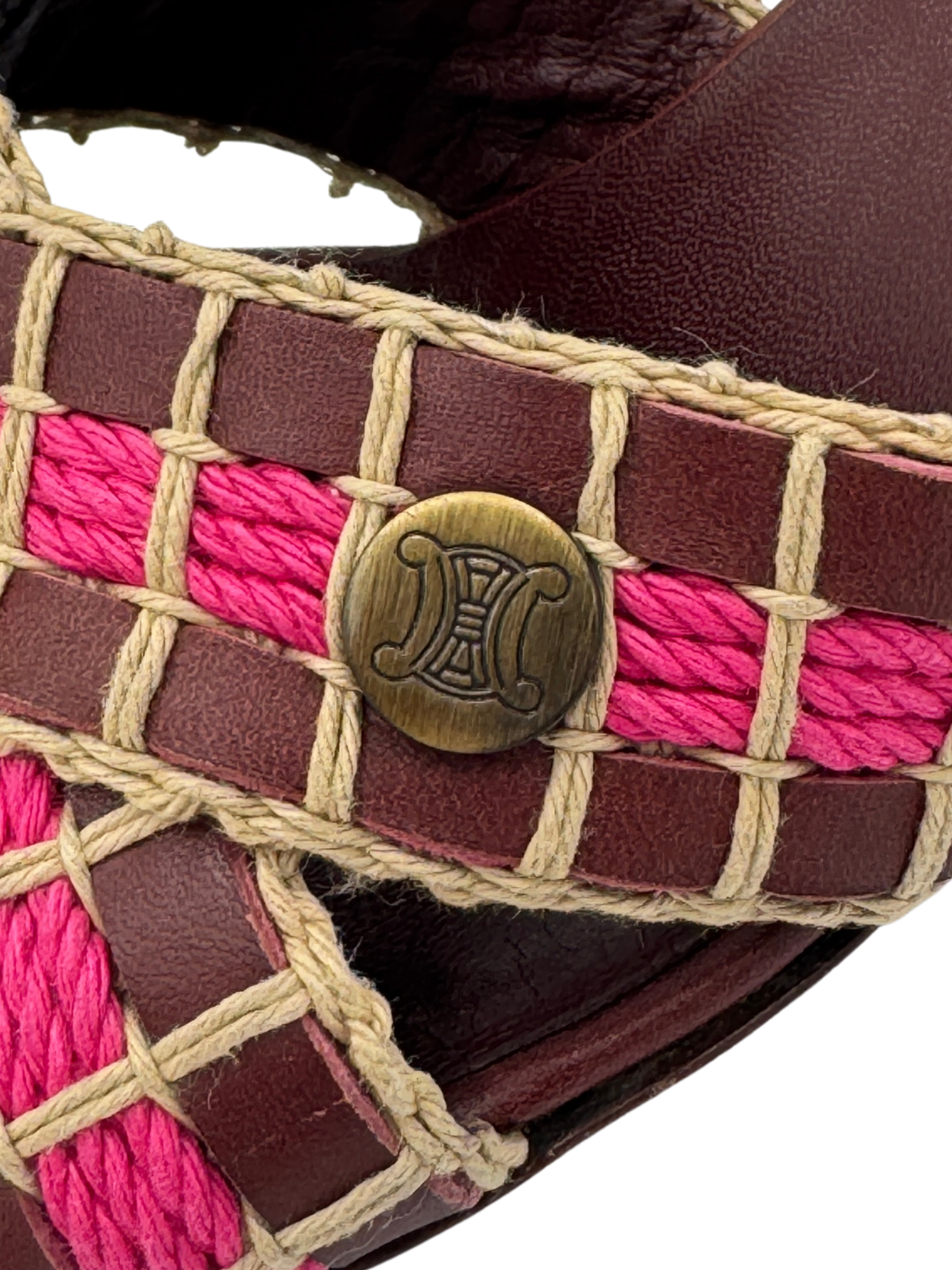 Size 37 Vintage Triomphe CC Logo Crochet Strappy Mule Sandals in Burgundy Red Leather with Pink Accents