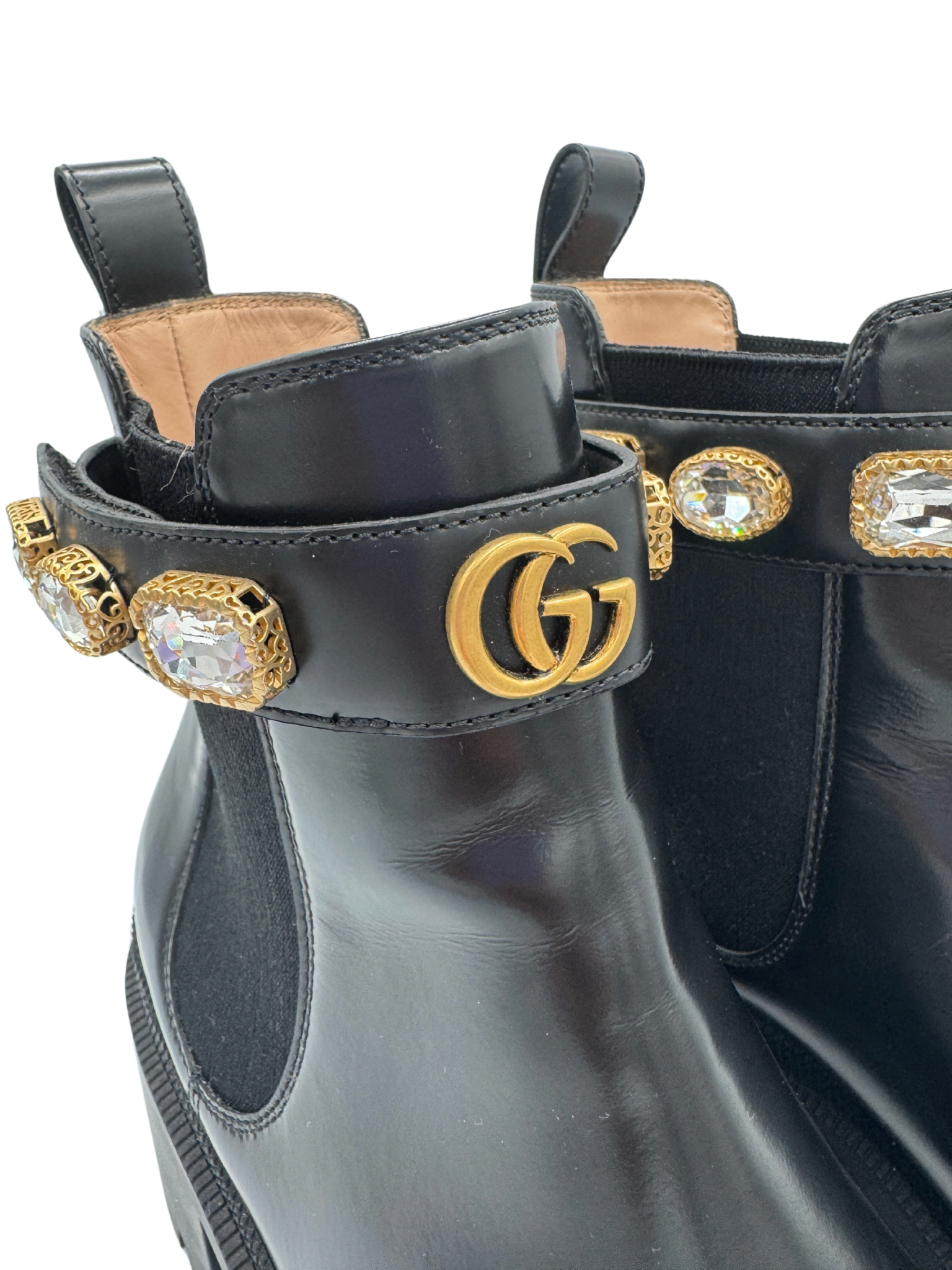 Size 39.5 Trip Crystal-Embellished GG Chelsea Boots in Black Leather