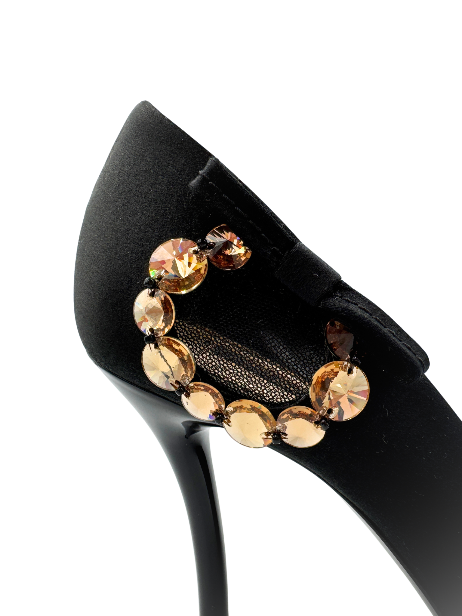 Size 37.5 Jeweled Open Toe Evening Sandals with Bow in Black Satin