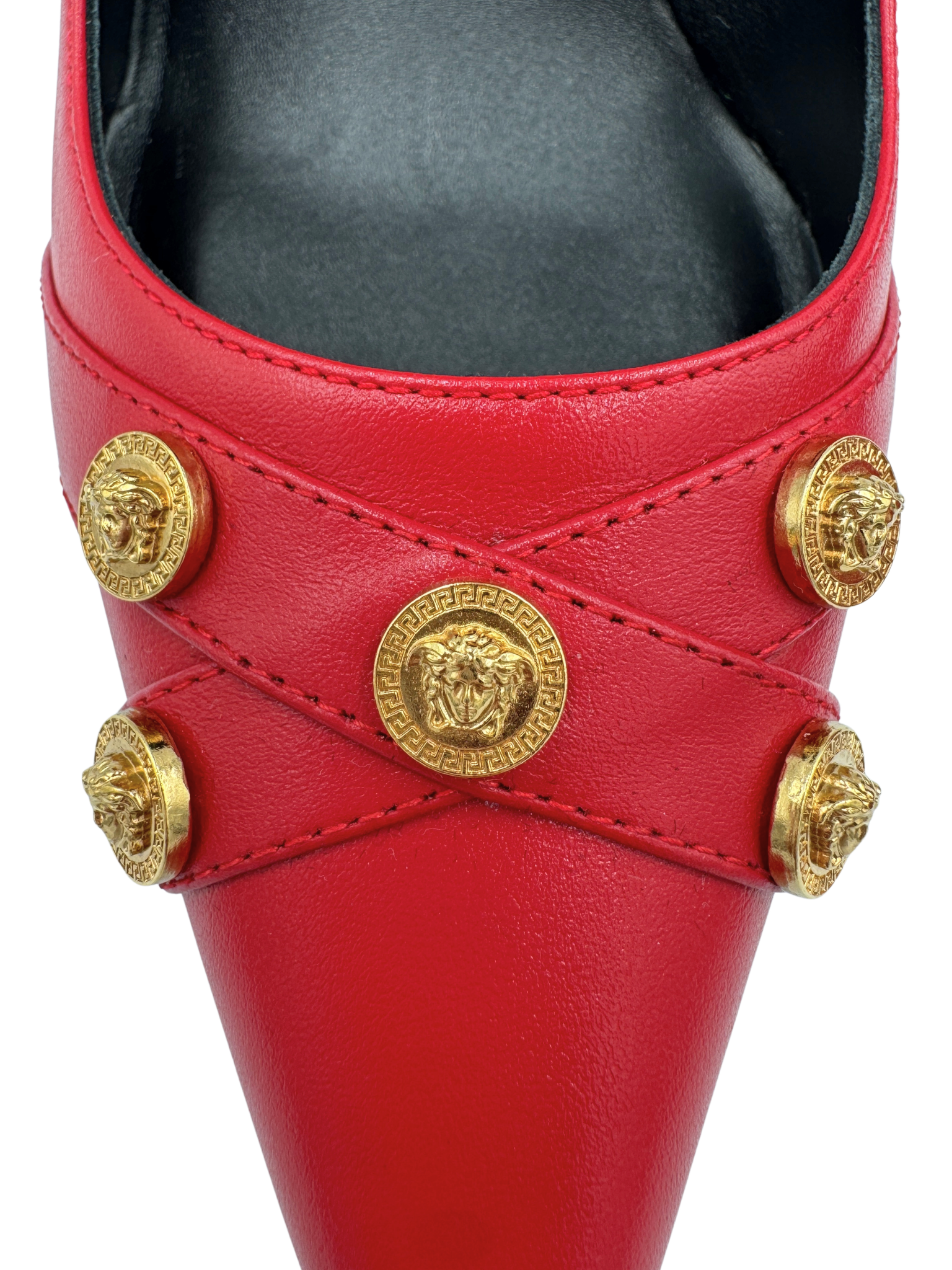Size 37 La Medusa Medallion Pointed Toe Pumps in Red Leather