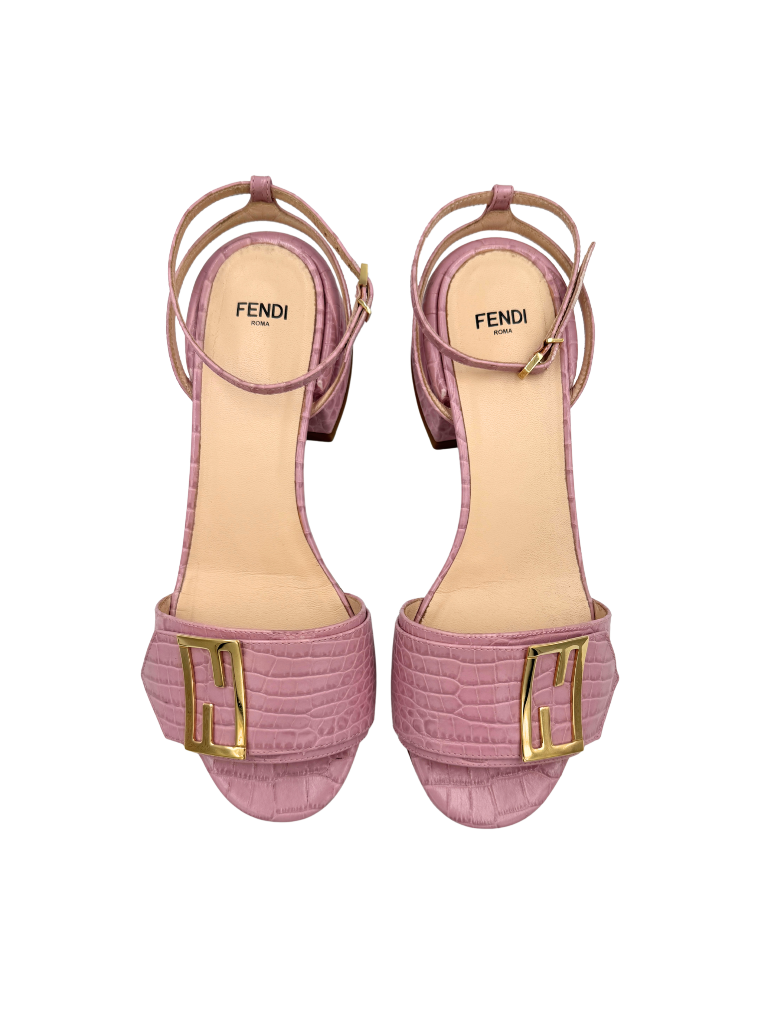 Size 37.5 FF Logo Mule Sandals with Ankle Strap in Pink Crocodile-Embossed Leather