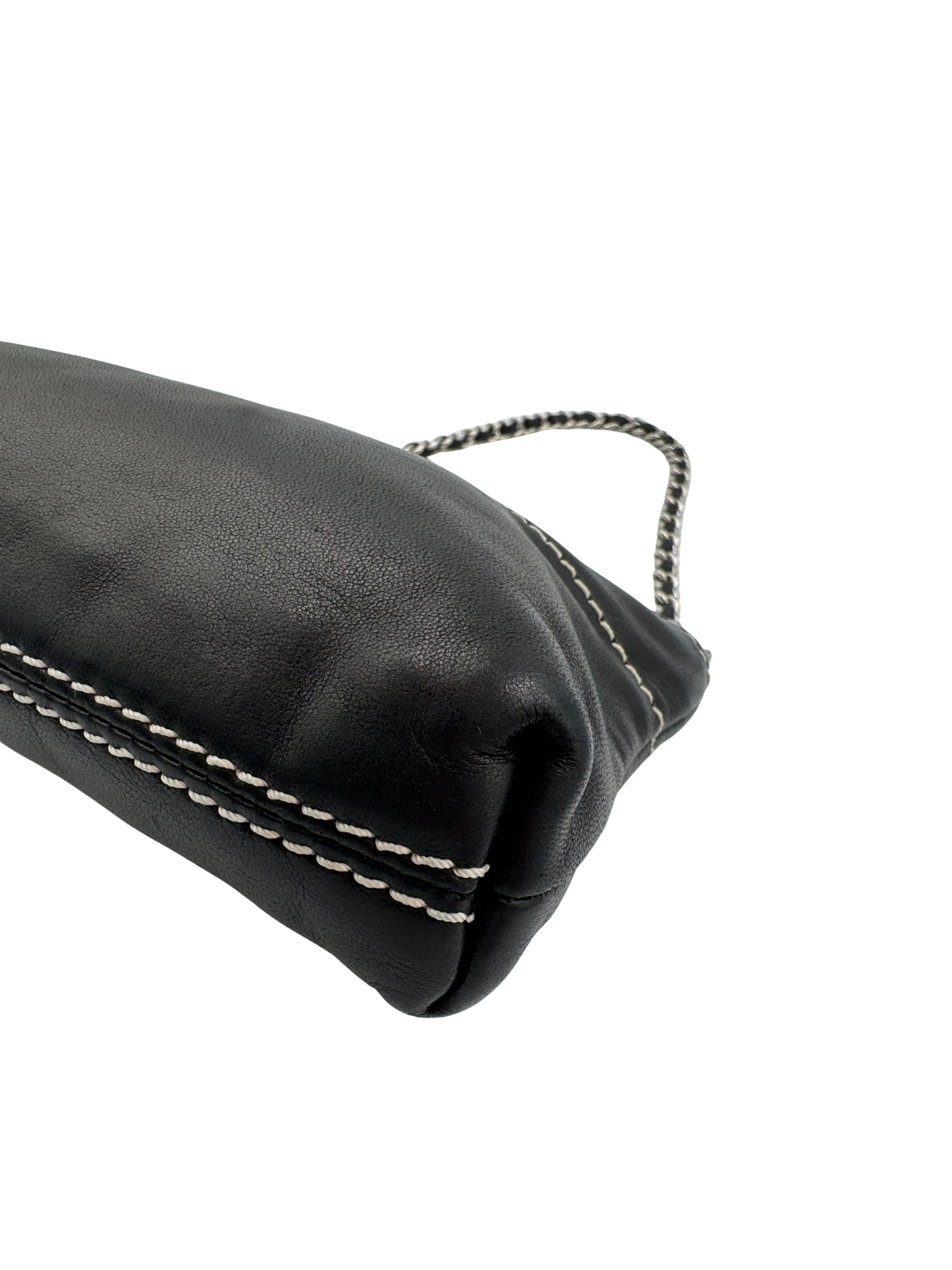 Logo Shoulder Bag Pochette in Black Lambskin Leather with Contrast Stitching
