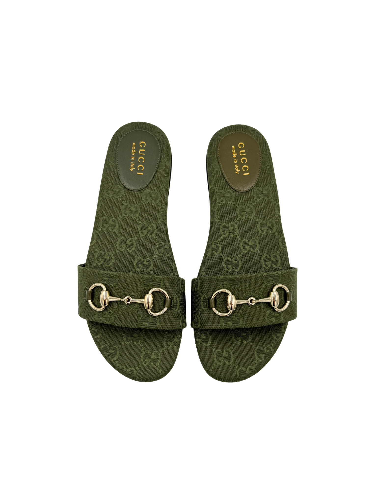 Size 39 Horsebit GG Supreme Flat Slide Sandals in Green Monogram Canvas