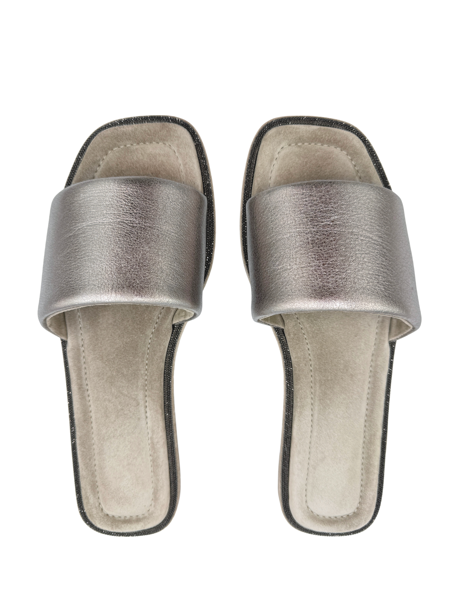 Size 40 Flat Slide Sandals in Silver Leather & Grey Suede