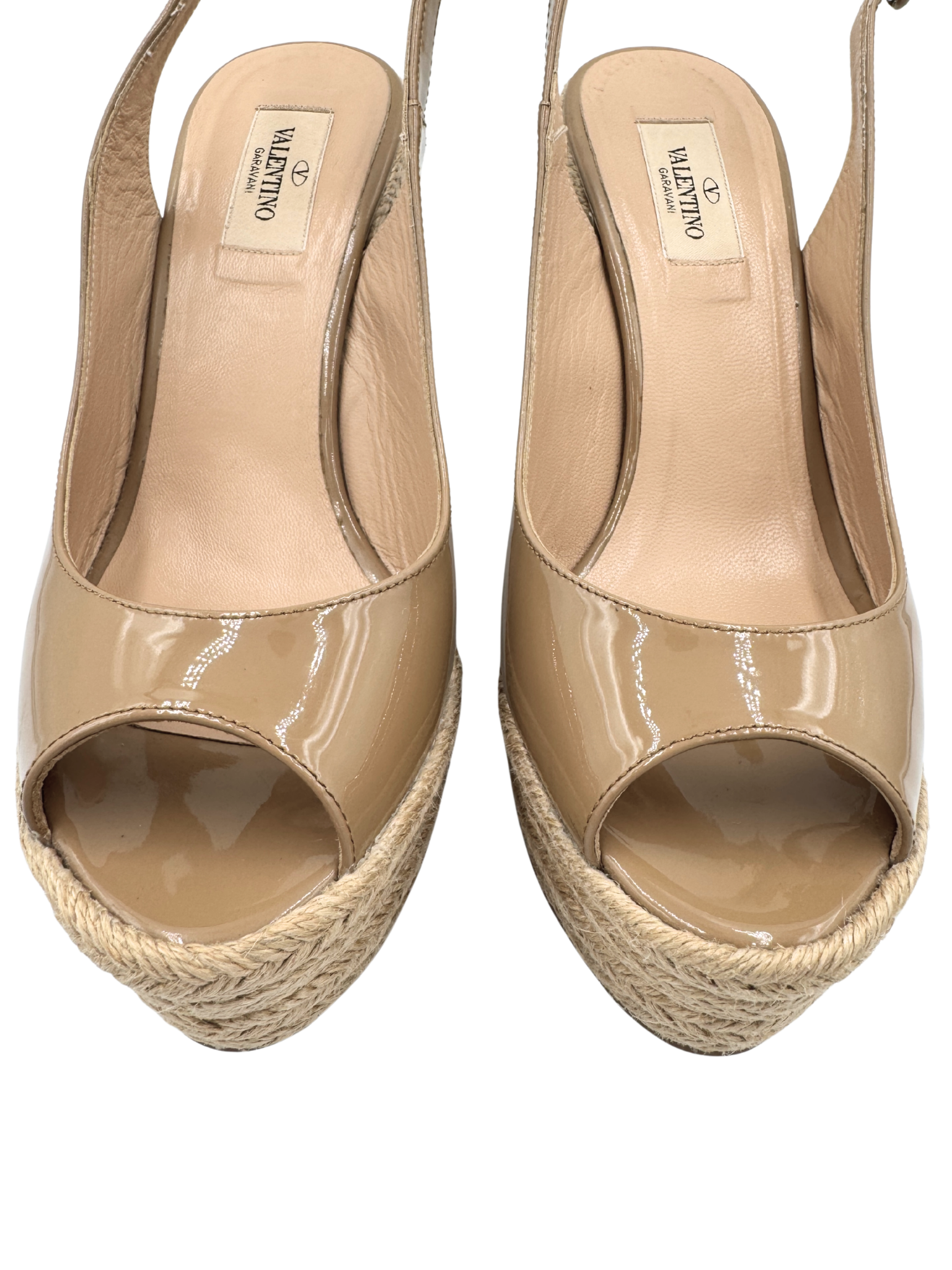 Size 39 Peep Toe Platform Wedge Espadrille Sandals in Nude Patent Leather