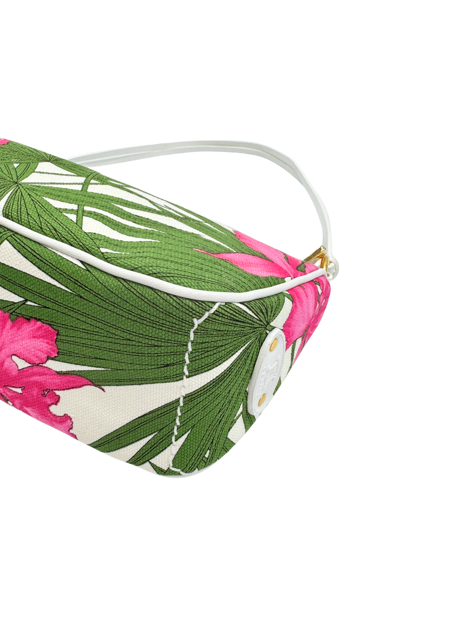 Triomphe Tropical Hibiscus Print Shoulder Bag Pochette in Pink and Green Canvas