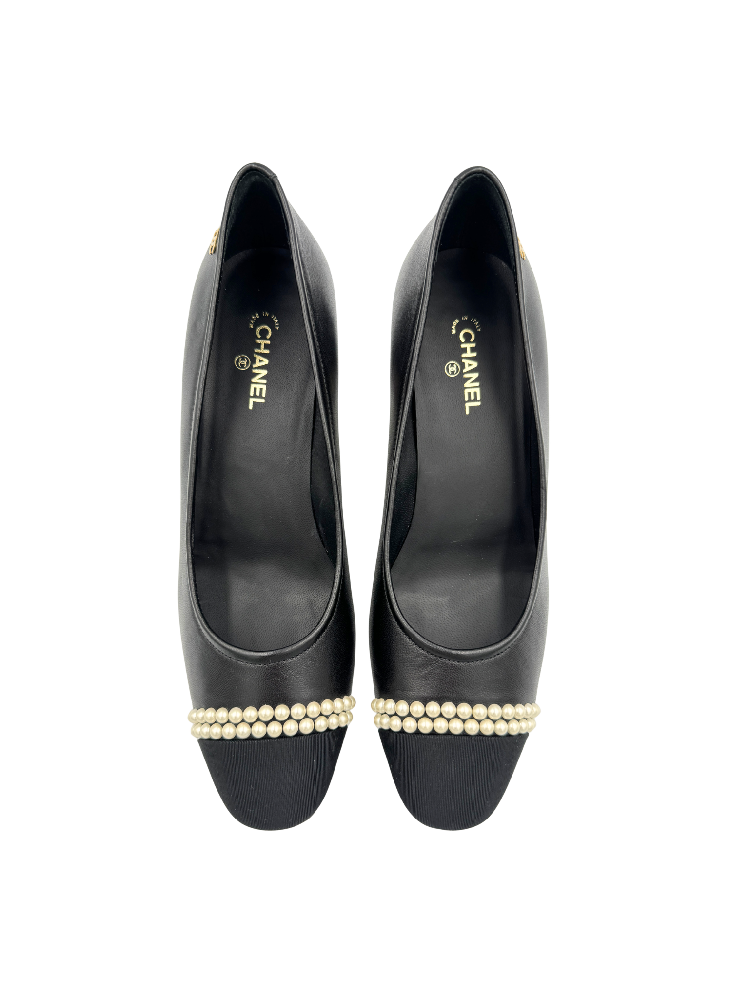 Size 39 2020 Pearl-Embellished CC Cap-Toe Pumps in Black Leather