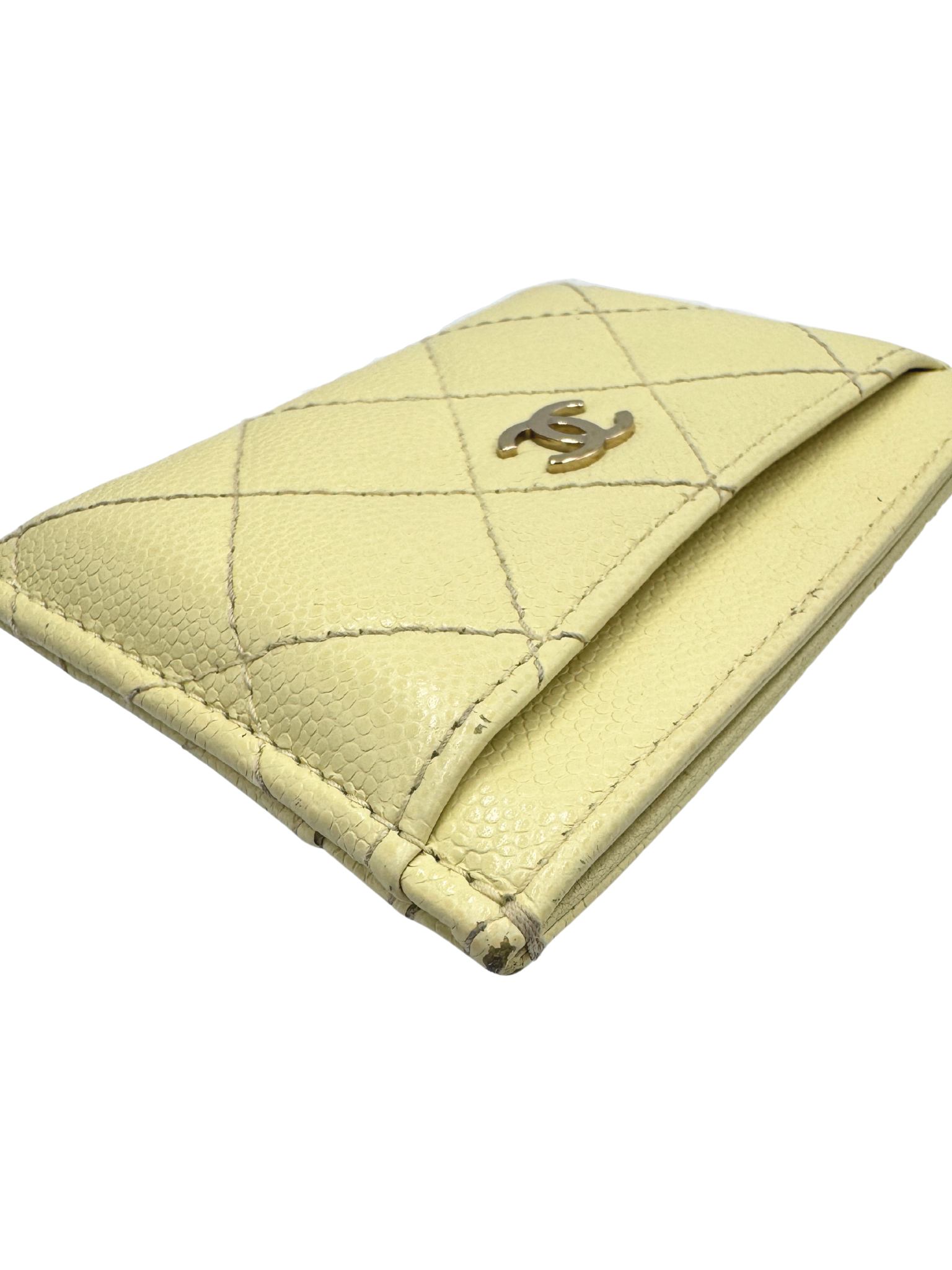 Quilted Classic CC Card Holder Wallet in Light Yellow Caviar Leather