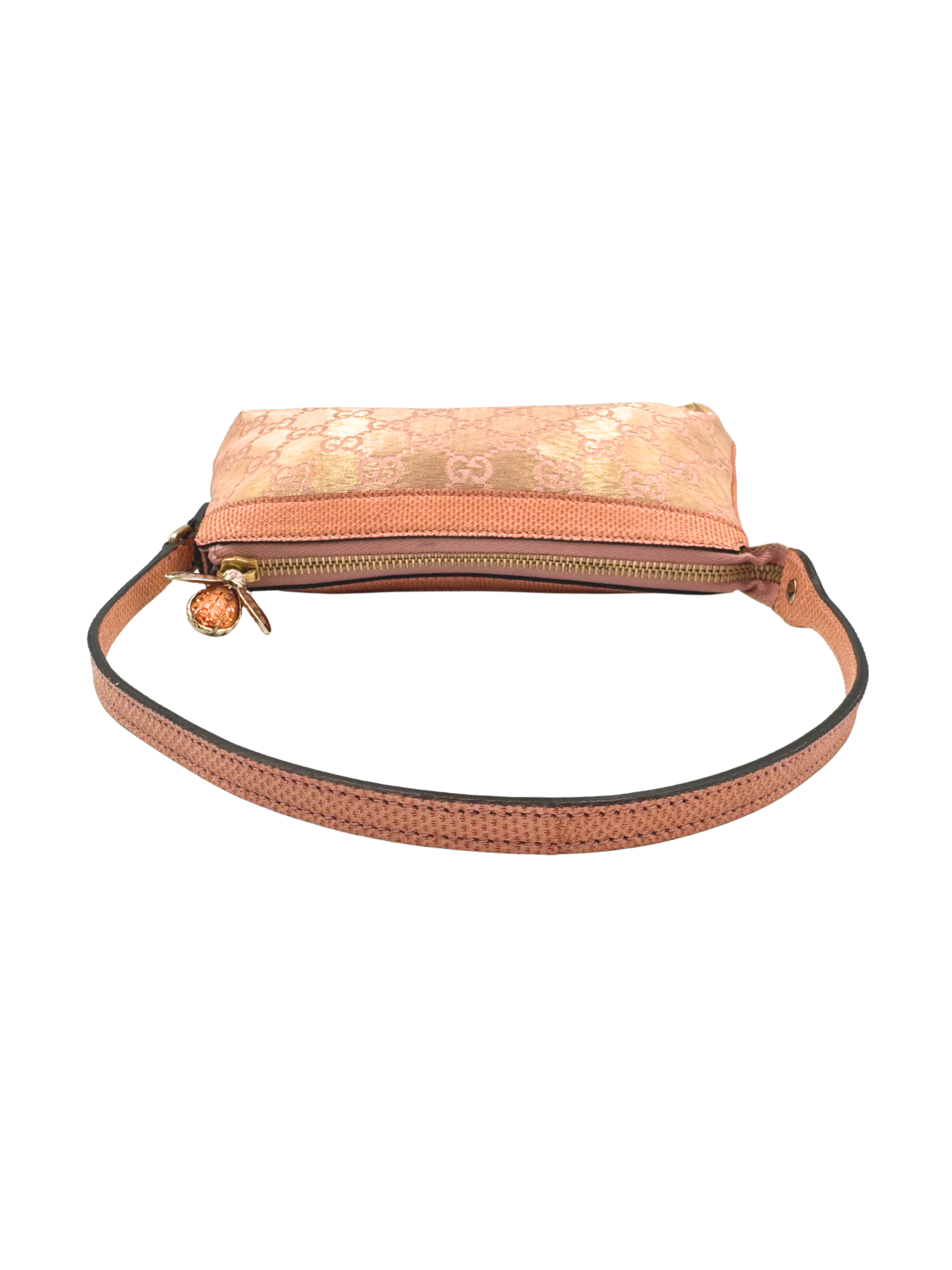 Iridescent GG Monogram Shoulder Bag Pochette with Bumble Bee Charm in Pink Canvas with Lizard Embossed Trim