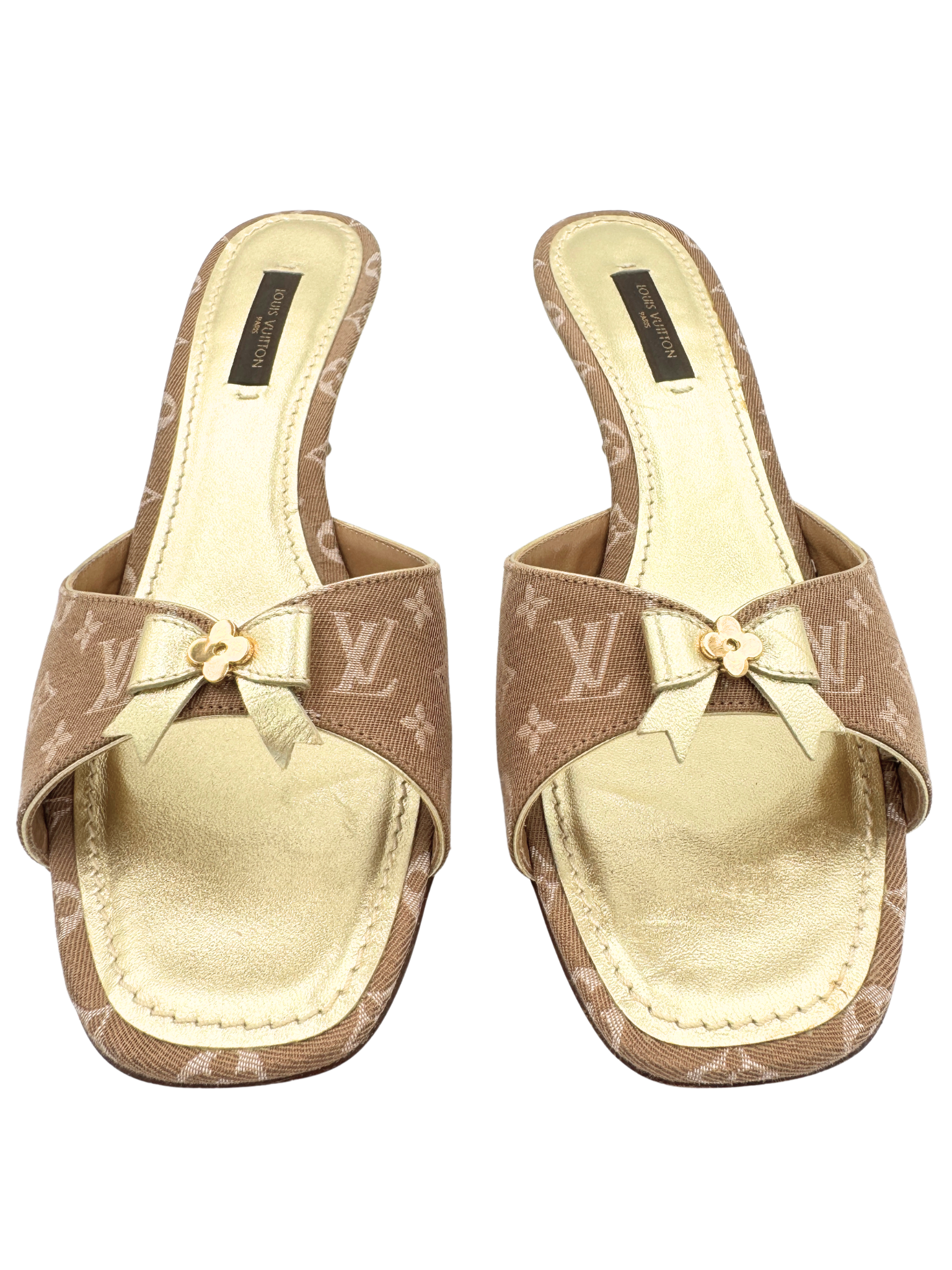 Size 37.5 Vintage Logo Slip-On Mule Sandals with Bow Charm in Blush Nude Monogram Canvas