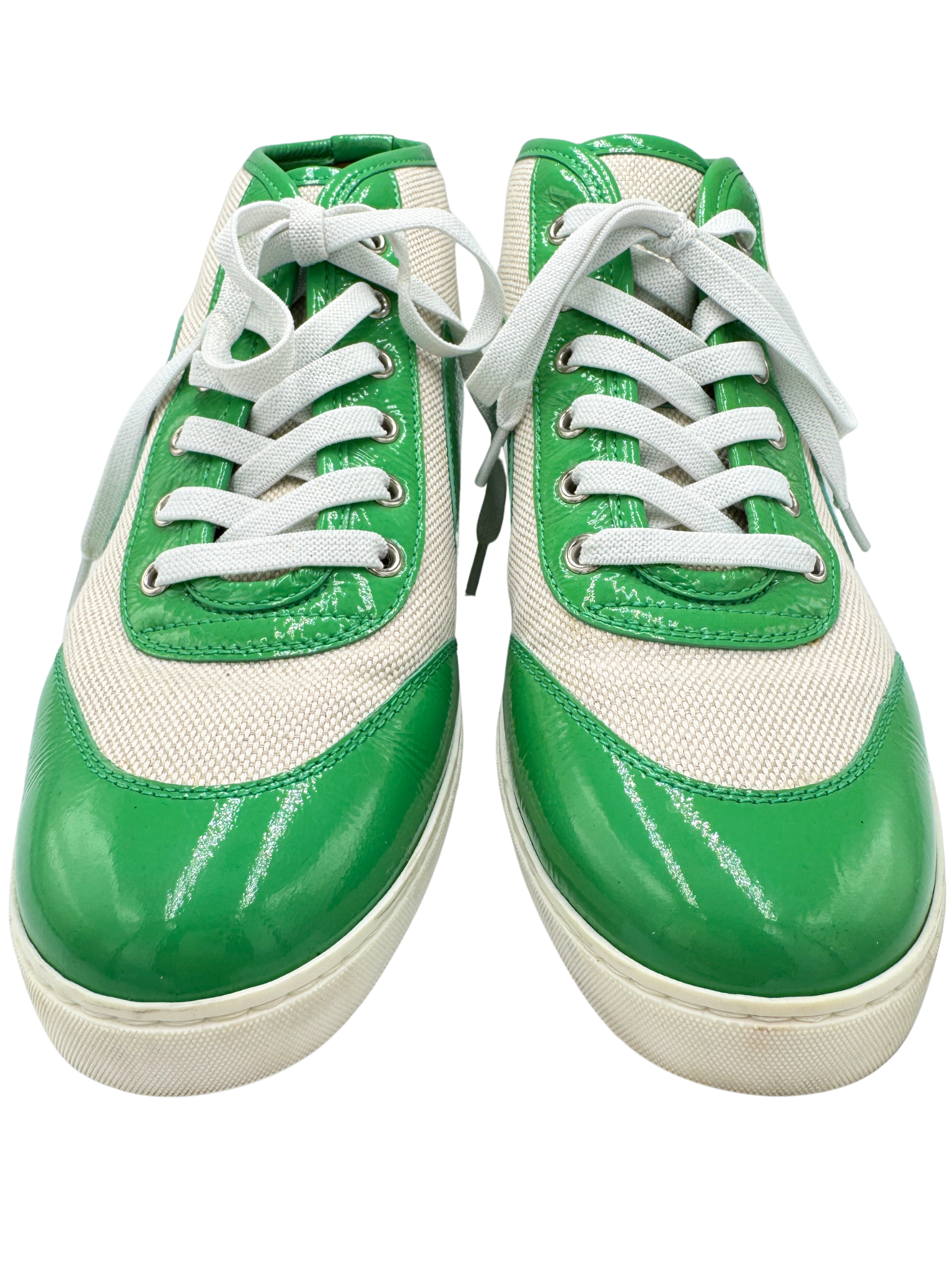 Size 37.5 GG Lace-Up High-Top Sneakers in Ivory Canvas with Green Leather Accents