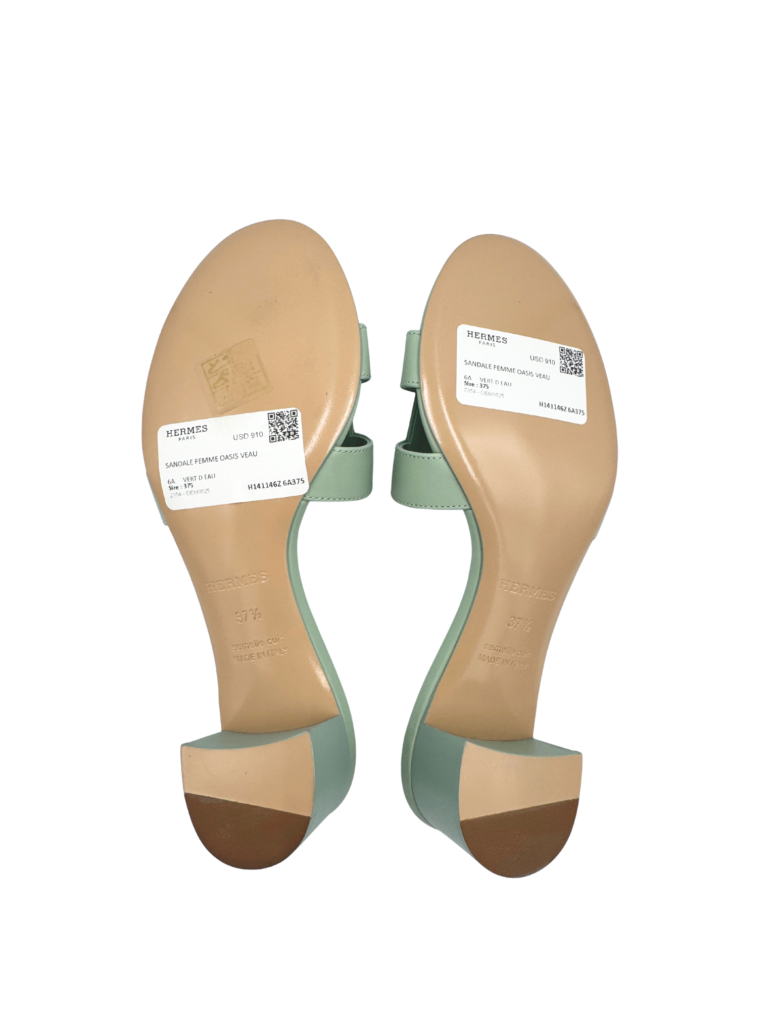 Size 37.5 Hermes Oasis Sandals in Vert D'Eau Smooth Calfskin Leather