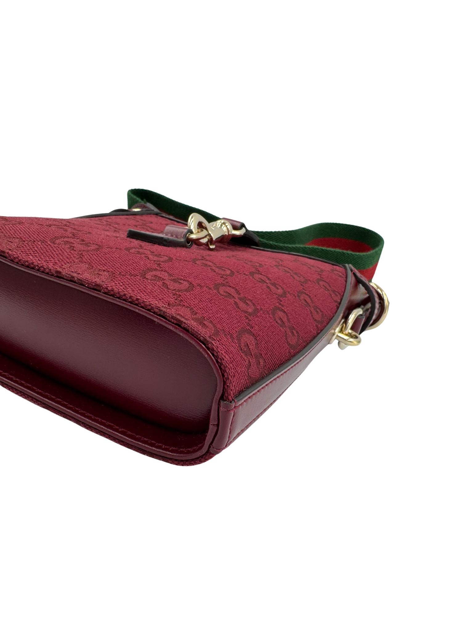 Logo Bucket Shoulder Bag with Gucci Web Strap in Burgundy Rosso Ancora Monogam GG Supreme Canvas