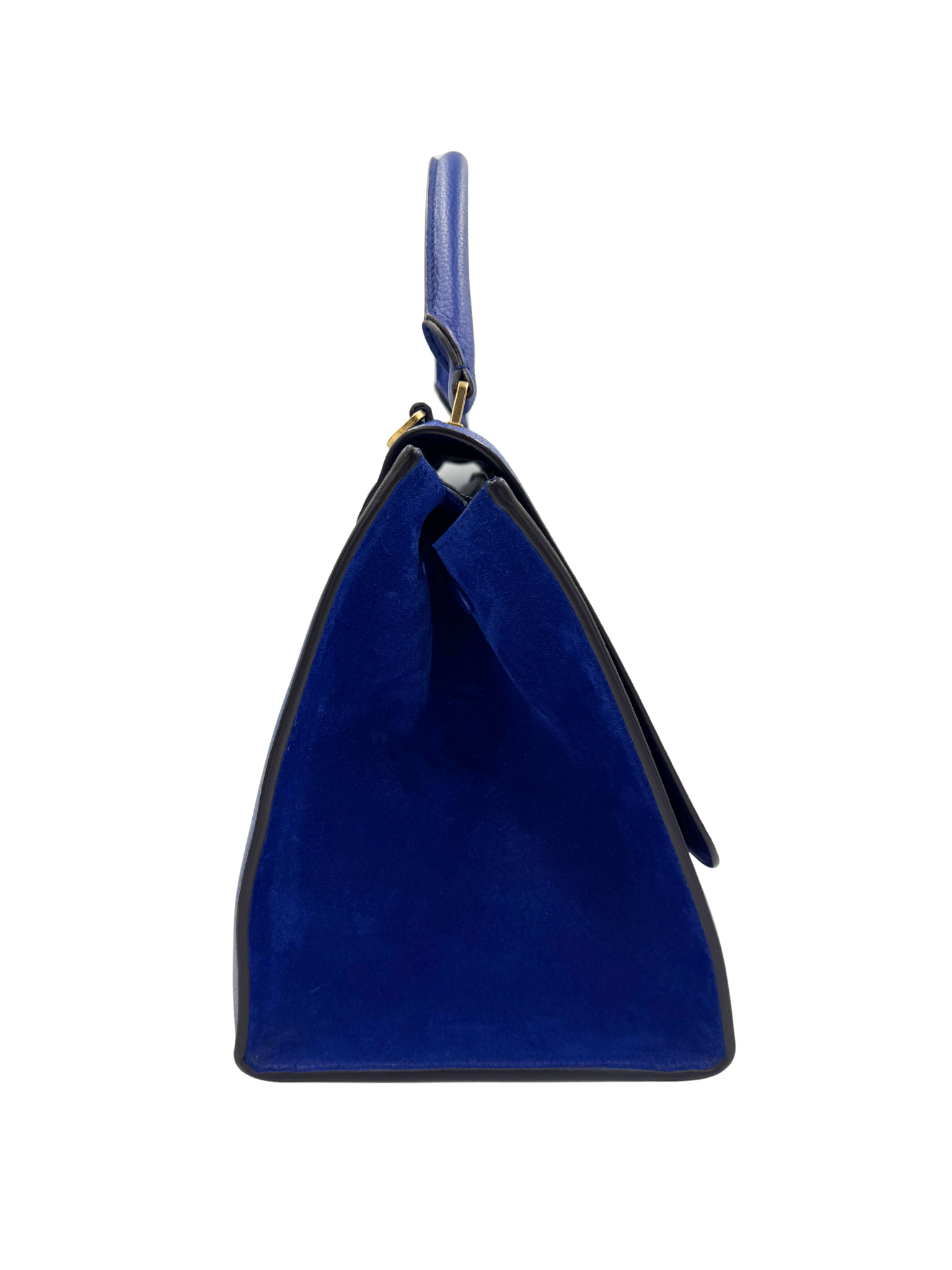 Medium Trapeze Shoulder Bag with Top Handle in Blue Calfskin Leather & Suede