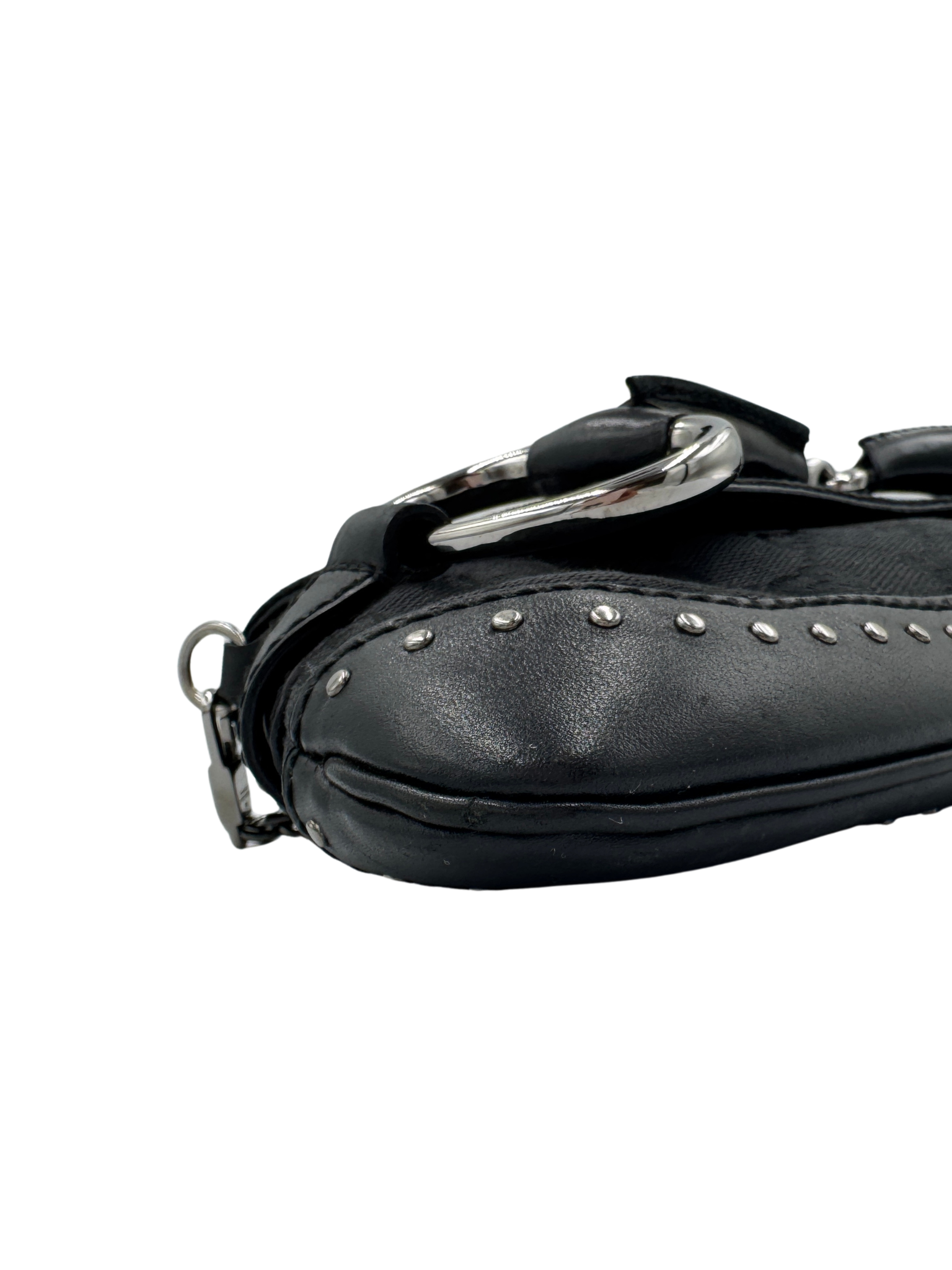 Vintage Tom Ford Era Studded Horsebit Shoulder Bag in Black Monogram GG Supreme Canvas