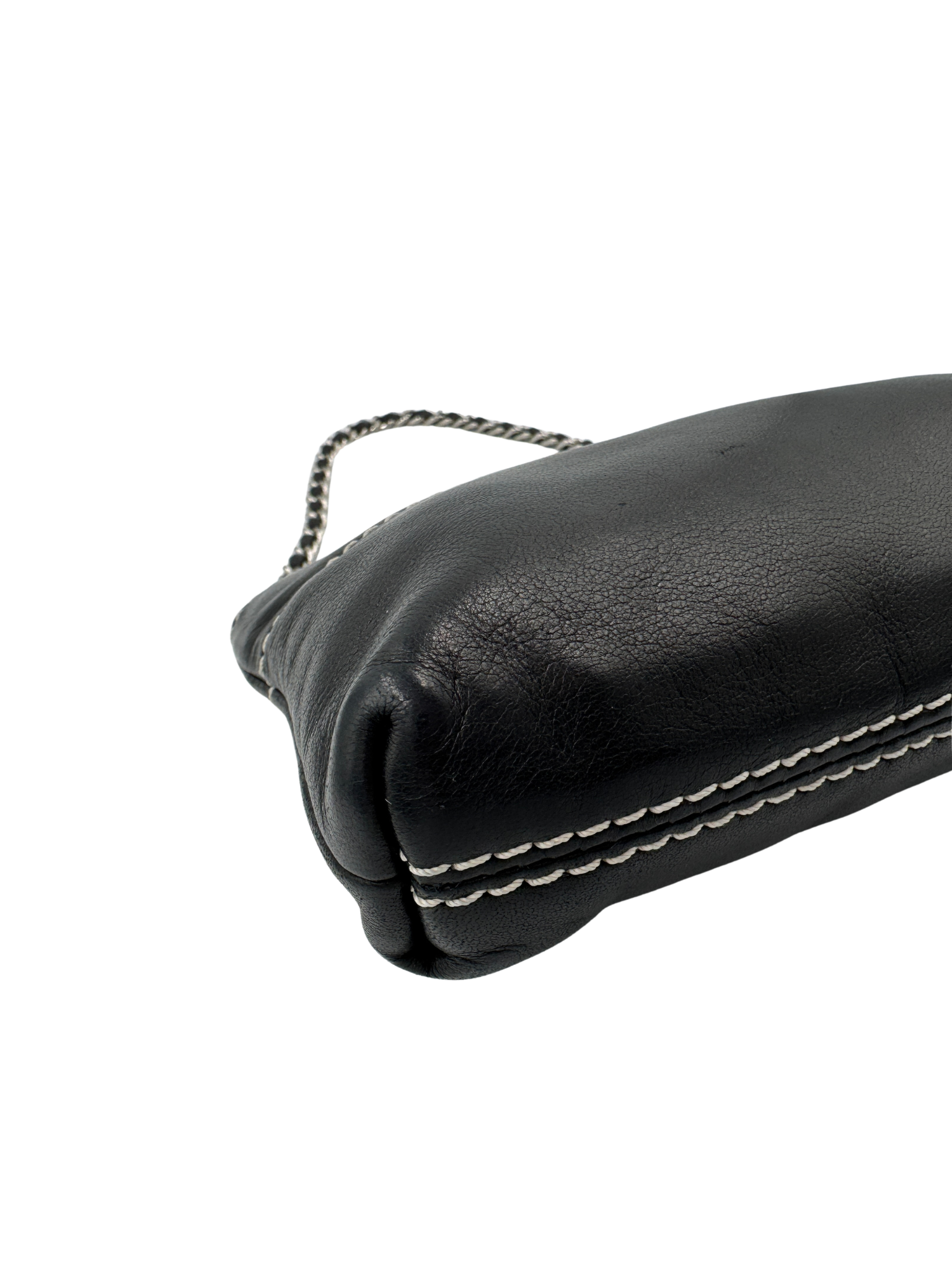 Logo Shoulder Bag Pochette in Black Lambskin Leather with Contrast Stitching