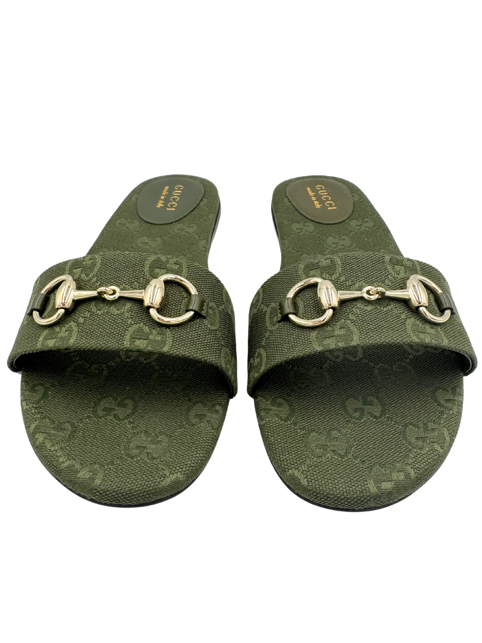 Size 39 Horsebit GG Supreme Flat Slide Sandals in Green Monogram Canvas