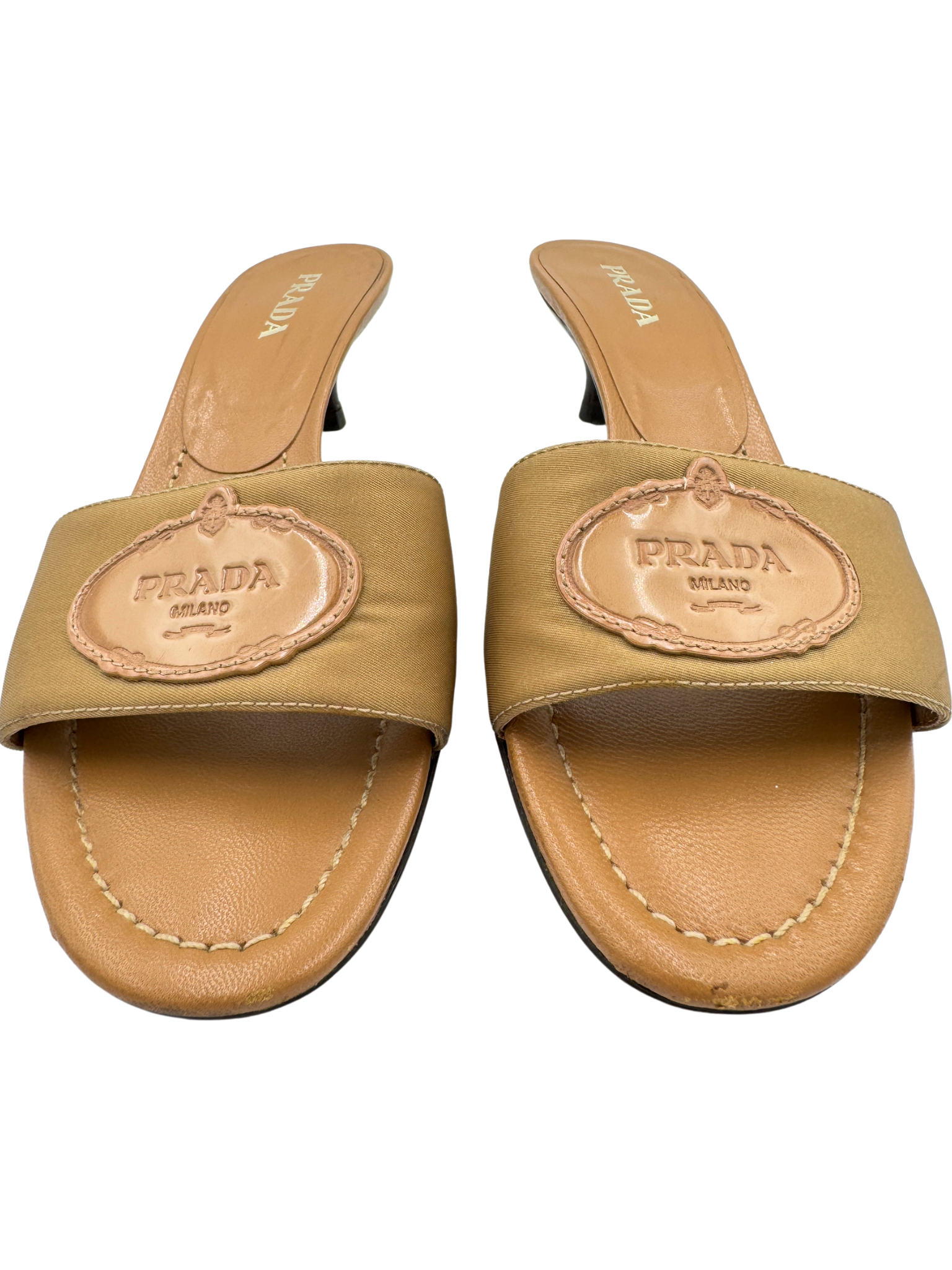Size 39 Logo Slip-on Mule Kitten Heel Sandals in Tan Leather & Satin