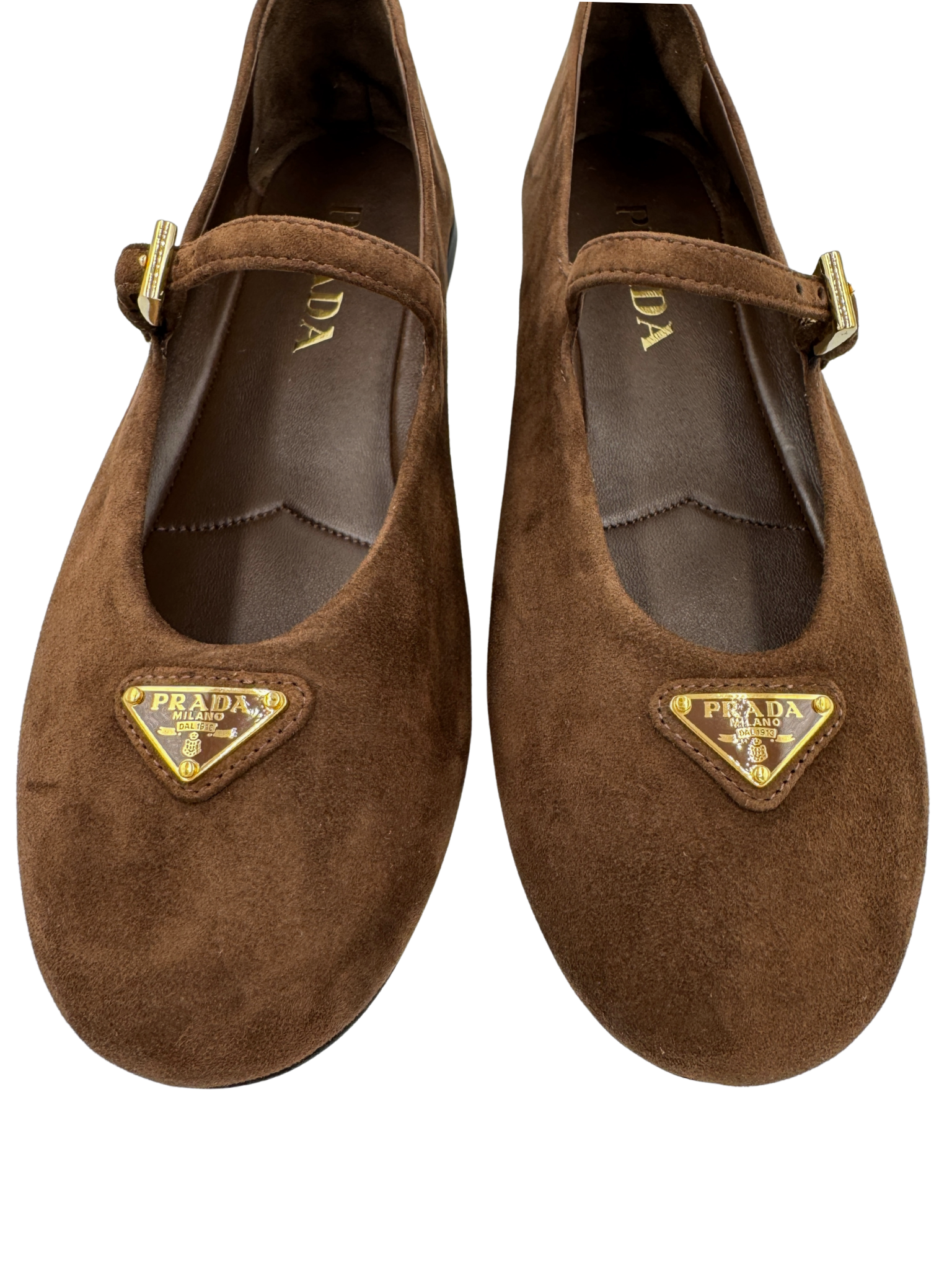Size 37 Mary Jane Ballet Flats with Triangle Logo Plate in Brown Suede