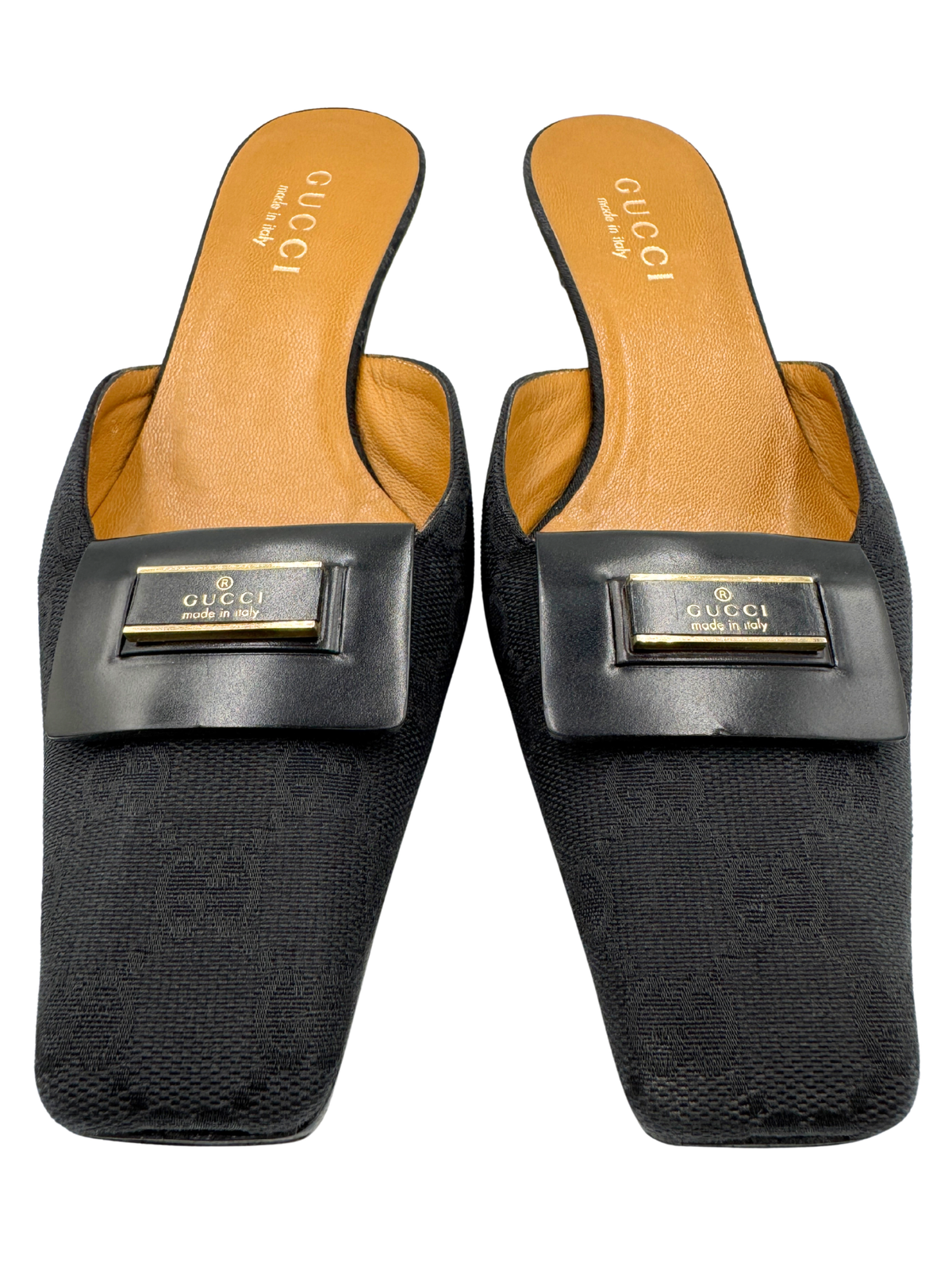 Size 36 Vintage Logo Plate Square Toe Slip-On Mules in Black Monogram GG Supreme Canvas
