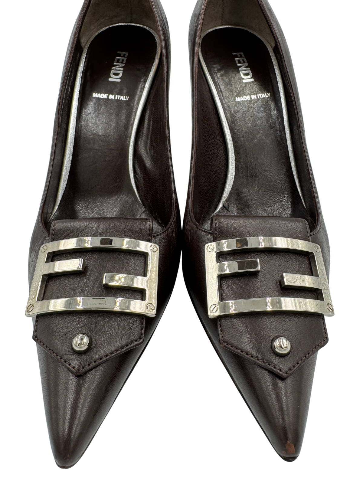 Size 37 Vintage FF Logo Buckle Pointed Toe Pumps in Brown Leather