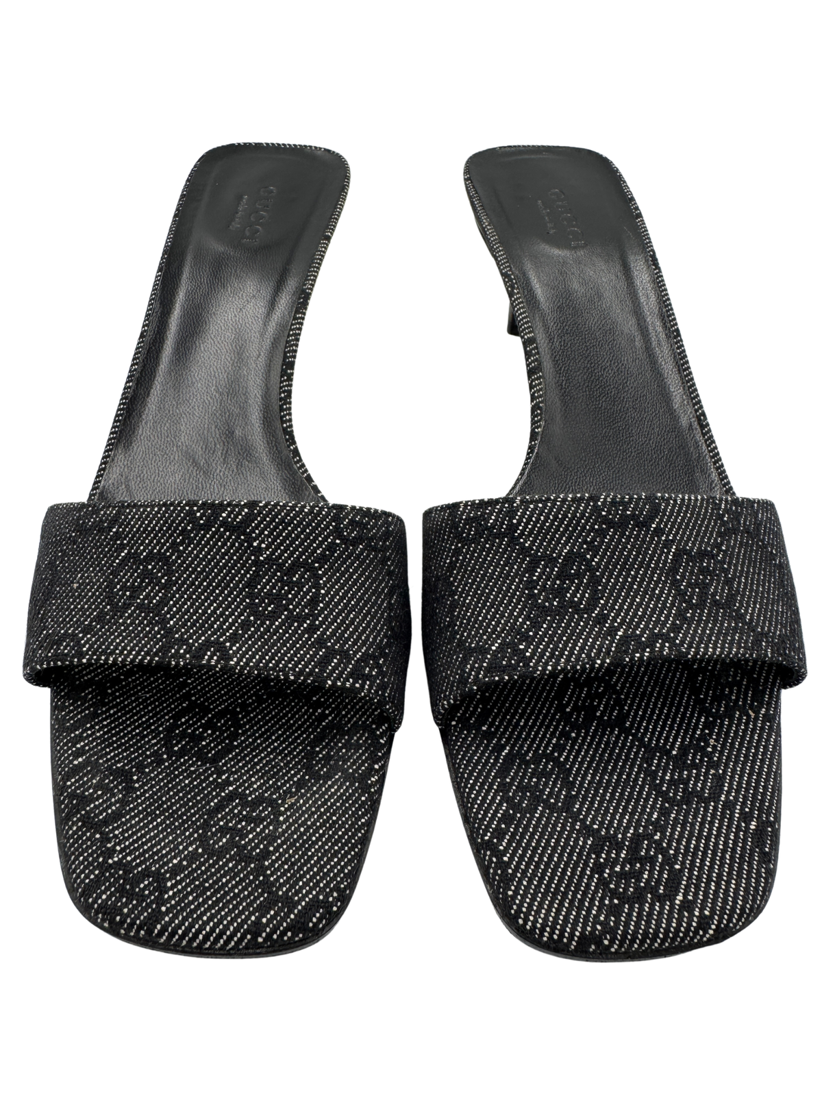 Size 7.5 Vintage Tom Ford Era Logo Slip-on Heeled Mules in Grey and Black Monogram GG Supreme Canvas