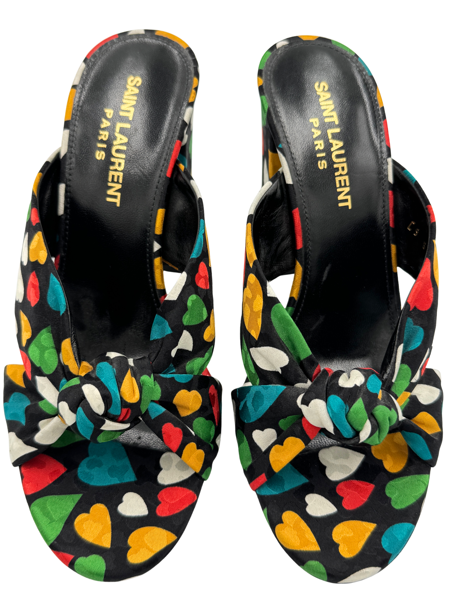 Size 36 Sweetheart Bianca Knot Mule Sandals in Black Multicolor Satin