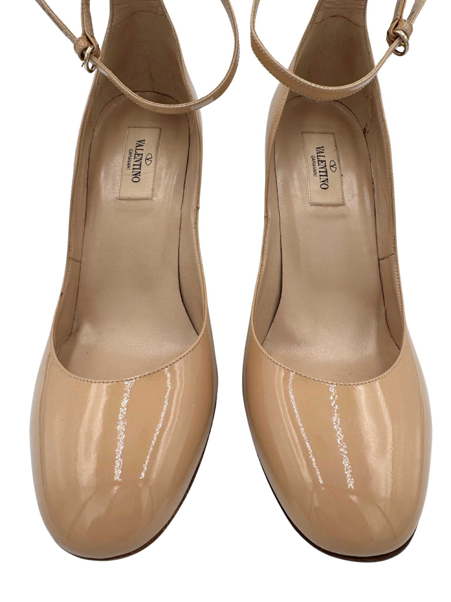 Size 39 Block Heel Pumps with Ankle Strap in Nude Patent Leather