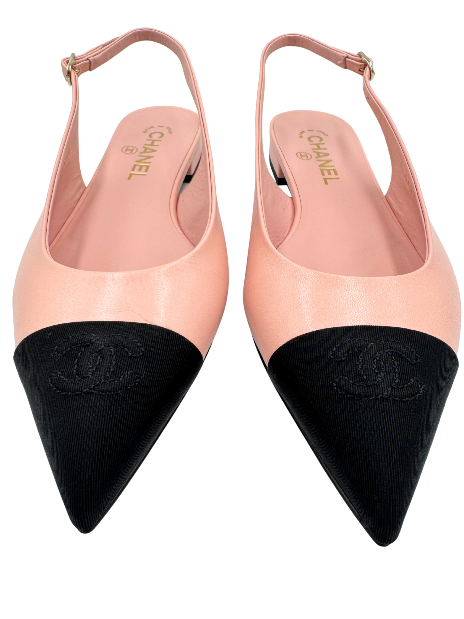 Size 39.5 2024 CC Logo Cap Toe Slingback Flats in Light Pink Goatskin Leather