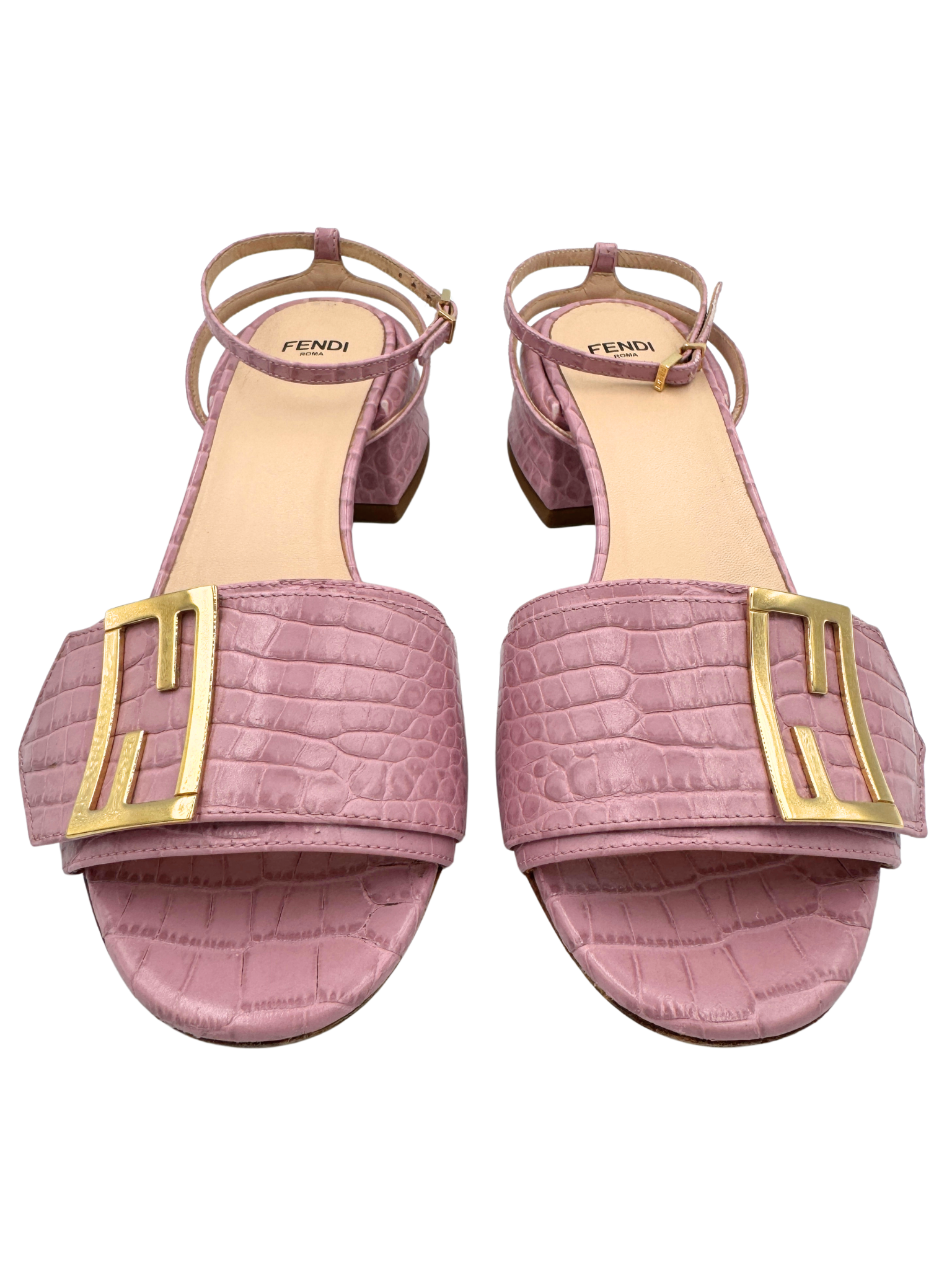 Size 37.5 FF Logo Mule Sandals with Ankle Strap in Pink Crocodile-Embossed Leather