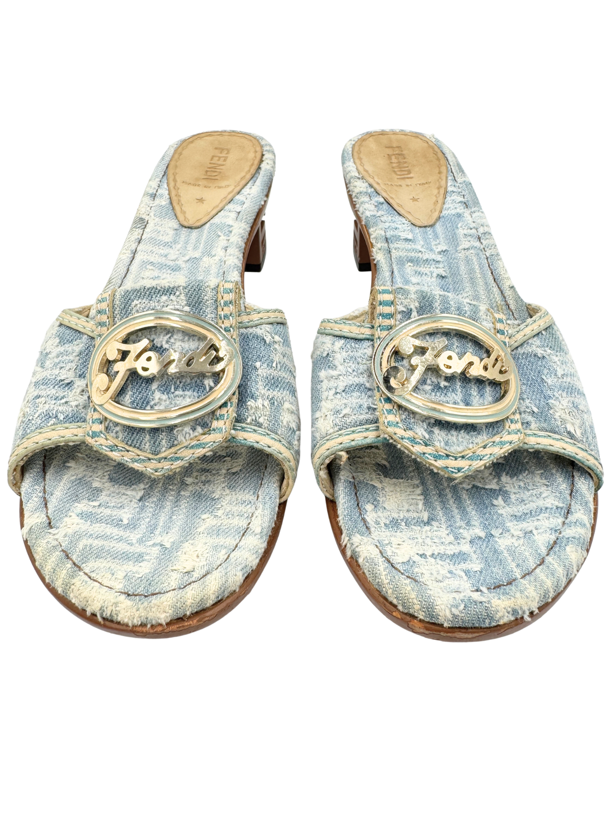 Size 38.5 Vintage Fendi Logo Frayed Denim Mule Sandals in Blue Denim
